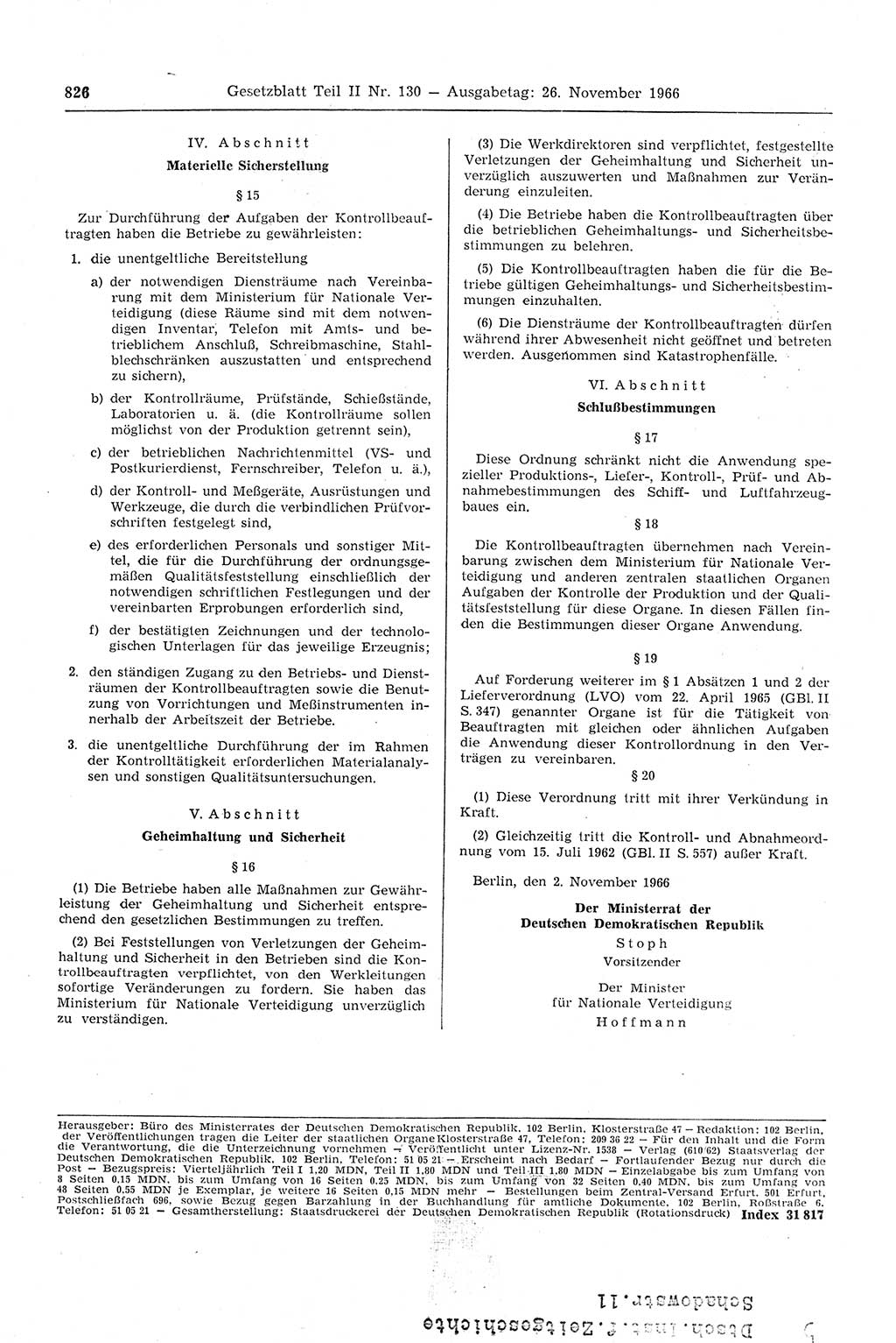 Gesetzblatt (GBl.) der Deutschen Demokratischen Republik (DDR) Teil ⅠⅠ 1966, Seite 826 (GBl. DDR ⅠⅠ 1966, S. 826)