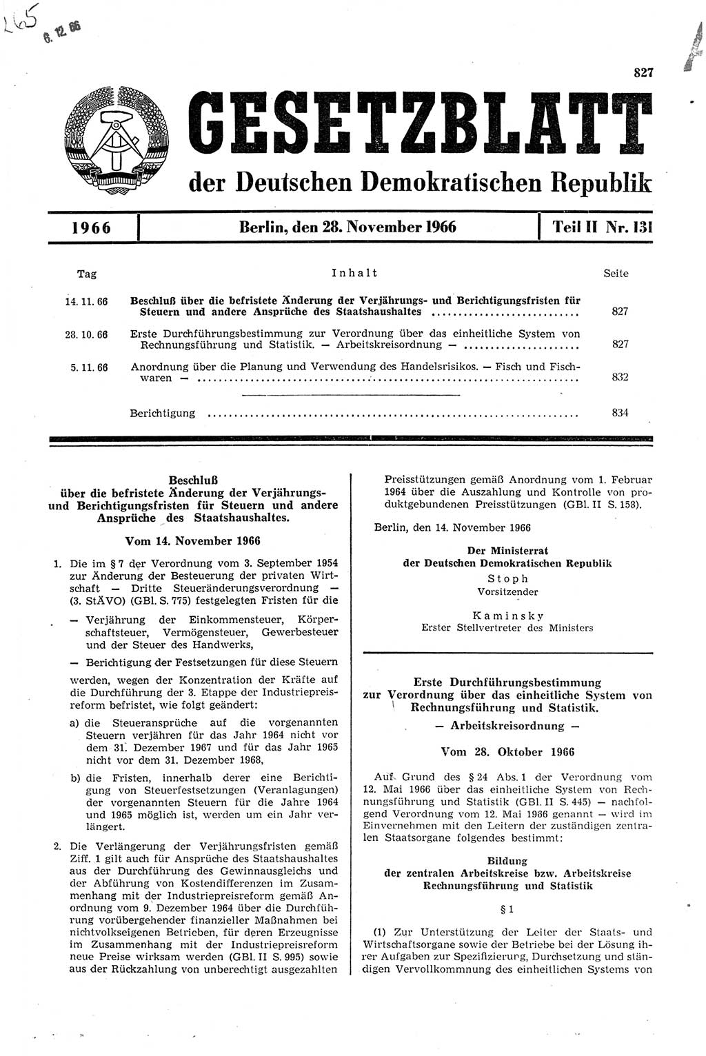 Gesetzblatt (GBl.) der Deutschen Demokratischen Republik (DDR) Teil ⅠⅠ 1966, Seite 827 (GBl. DDR ⅠⅠ 1966, S. 827)