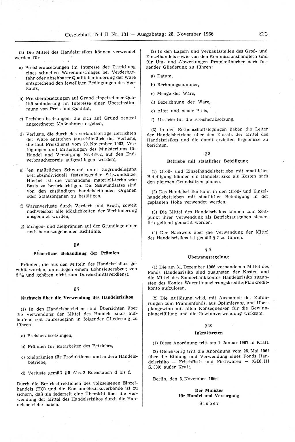 Gesetzblatt (GBl.) der Deutschen Demokratischen Republik (DDR) Teil ⅠⅠ 1966, Seite 833 (GBl. DDR ⅠⅠ 1966, S. 833)
