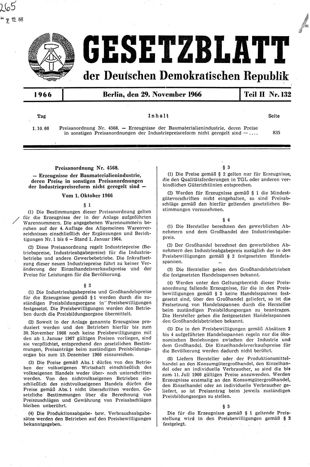 Gesetzblatt (GBl.) der Deutschen Demokratischen Republik (DDR) Teil ⅠⅠ 1966, Seite 835 (GBl. DDR ⅠⅠ 1966, S. 835)
