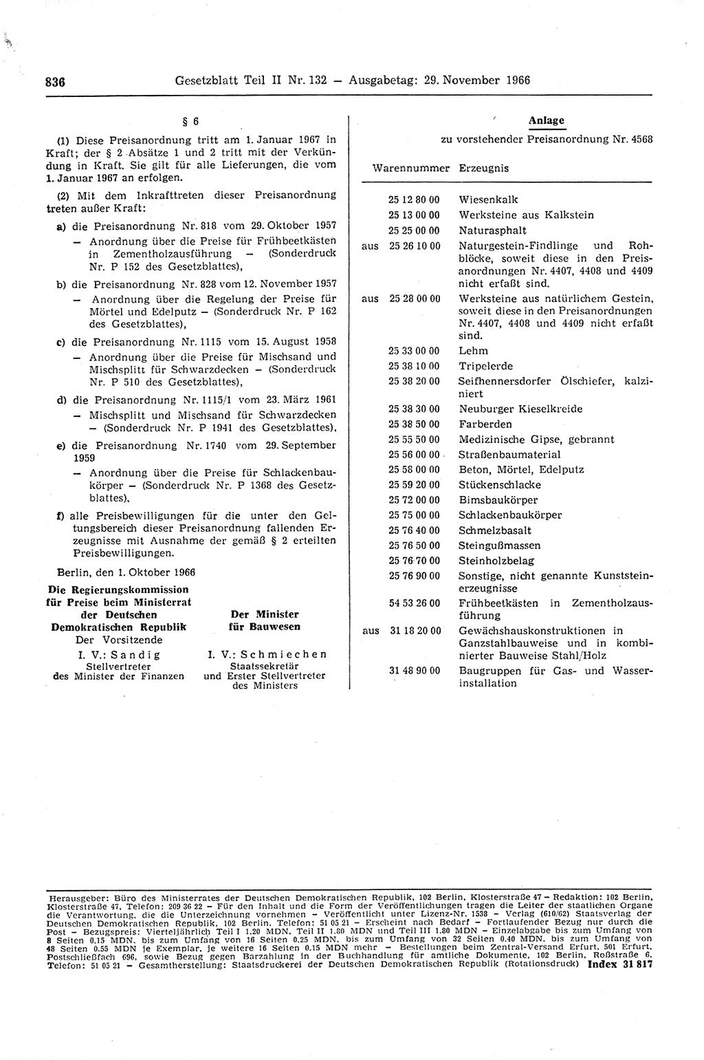 Gesetzblatt (GBl.) der Deutschen Demokratischen Republik (DDR) Teil ⅠⅠ 1966, Seite 836 (GBl. DDR ⅠⅠ 1966, S. 836)
