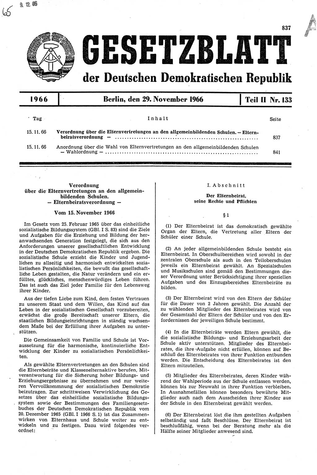 Gesetzblatt (GBl.) der Deutschen Demokratischen Republik (DDR) Teil ⅠⅠ 1966, Seite 837 (GBl. DDR ⅠⅠ 1966, S. 837)