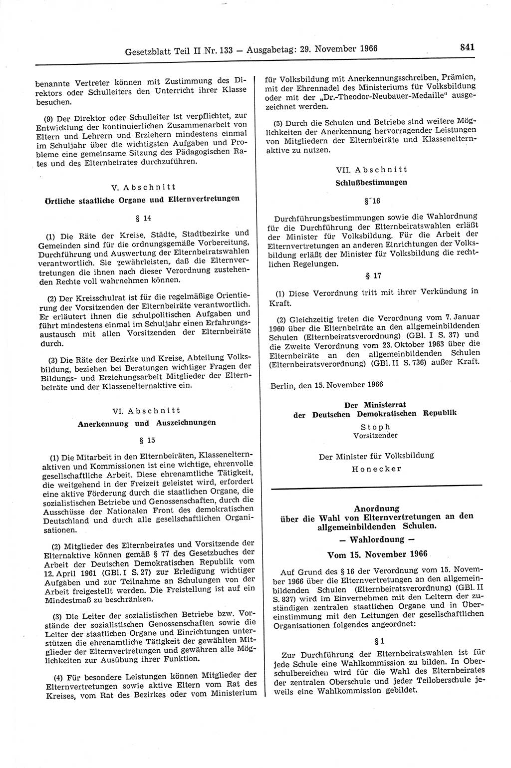 Gesetzblatt (GBl.) der Deutschen Demokratischen Republik (DDR) Teil ⅠⅠ 1966, Seite 841 (GBl. DDR ⅠⅠ 1966, S. 841)