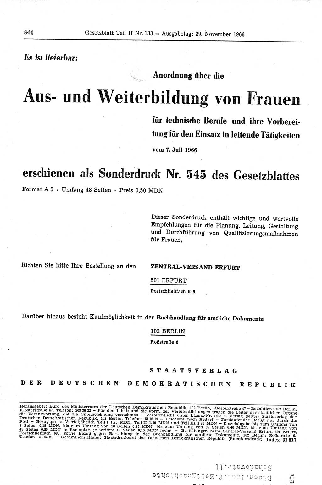 Gesetzblatt (GBl.) der Deutschen Demokratischen Republik (DDR) Teil ⅠⅠ 1966, Seite 844 (GBl. DDR ⅠⅠ 1966, S. 844)