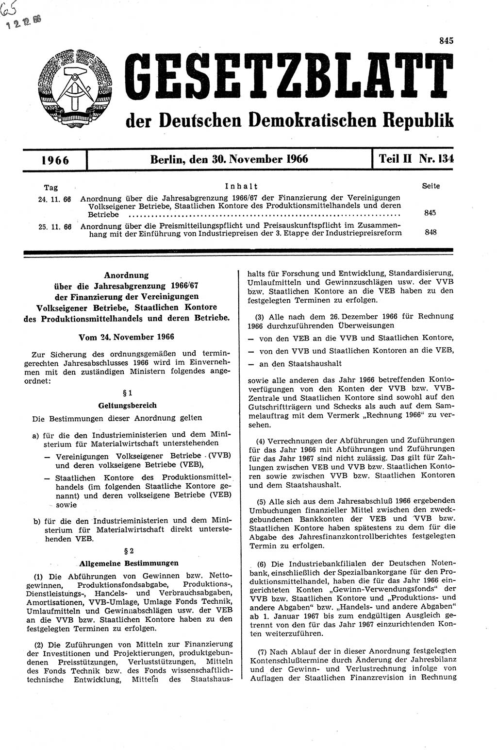 Gesetzblatt (GBl.) der Deutschen Demokratischen Republik (DDR) Teil ⅠⅠ 1966, Seite 845 (GBl. DDR ⅠⅠ 1966, S. 845)