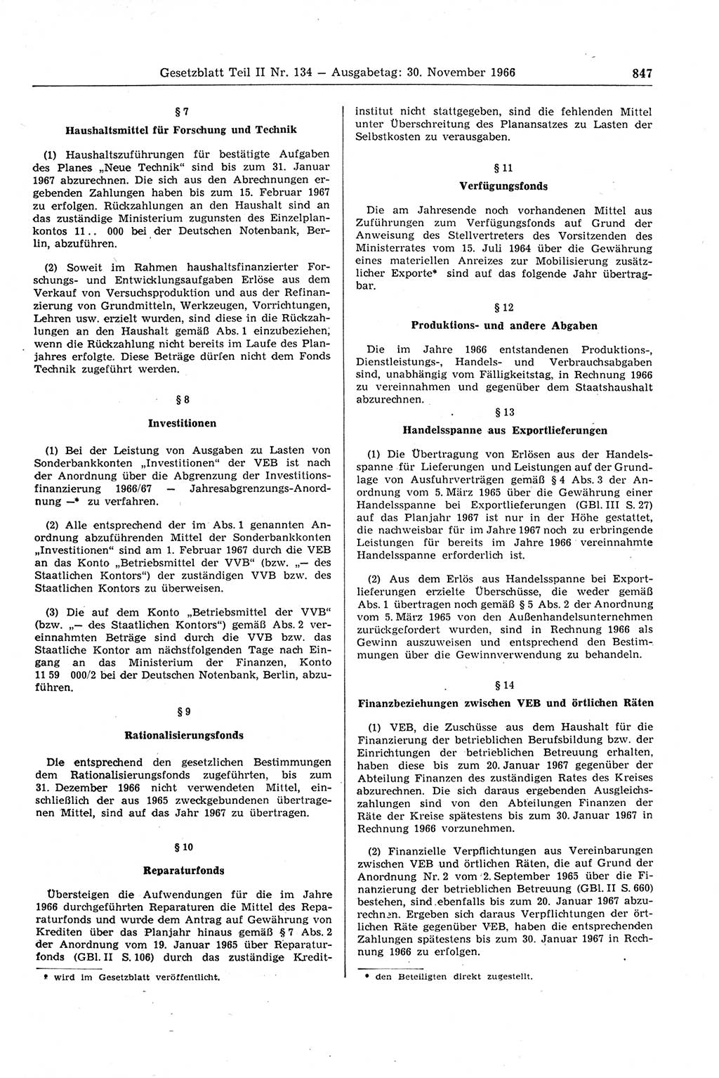 Gesetzblatt (GBl.) der Deutschen Demokratischen Republik (DDR) Teil ⅠⅠ 1966, Seite 847 (GBl. DDR ⅠⅠ 1966, S. 847)