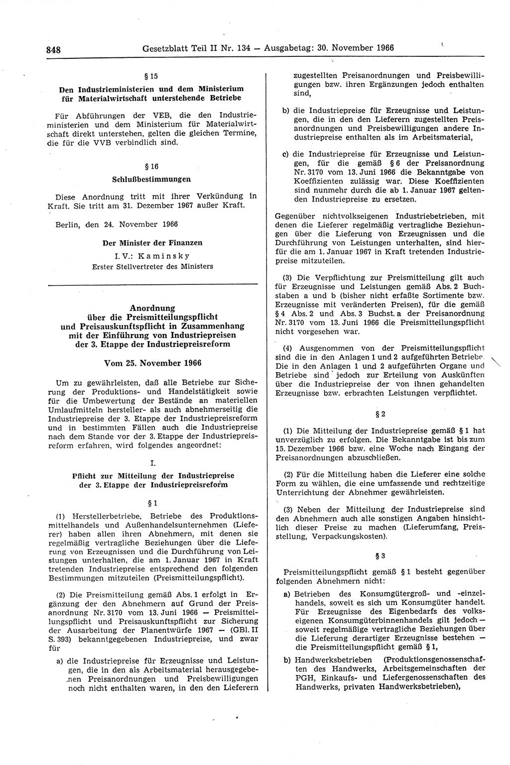 Gesetzblatt (GBl.) der Deutschen Demokratischen Republik (DDR) Teil ⅠⅠ 1966, Seite 848 (GBl. DDR ⅠⅠ 1966, S. 848)