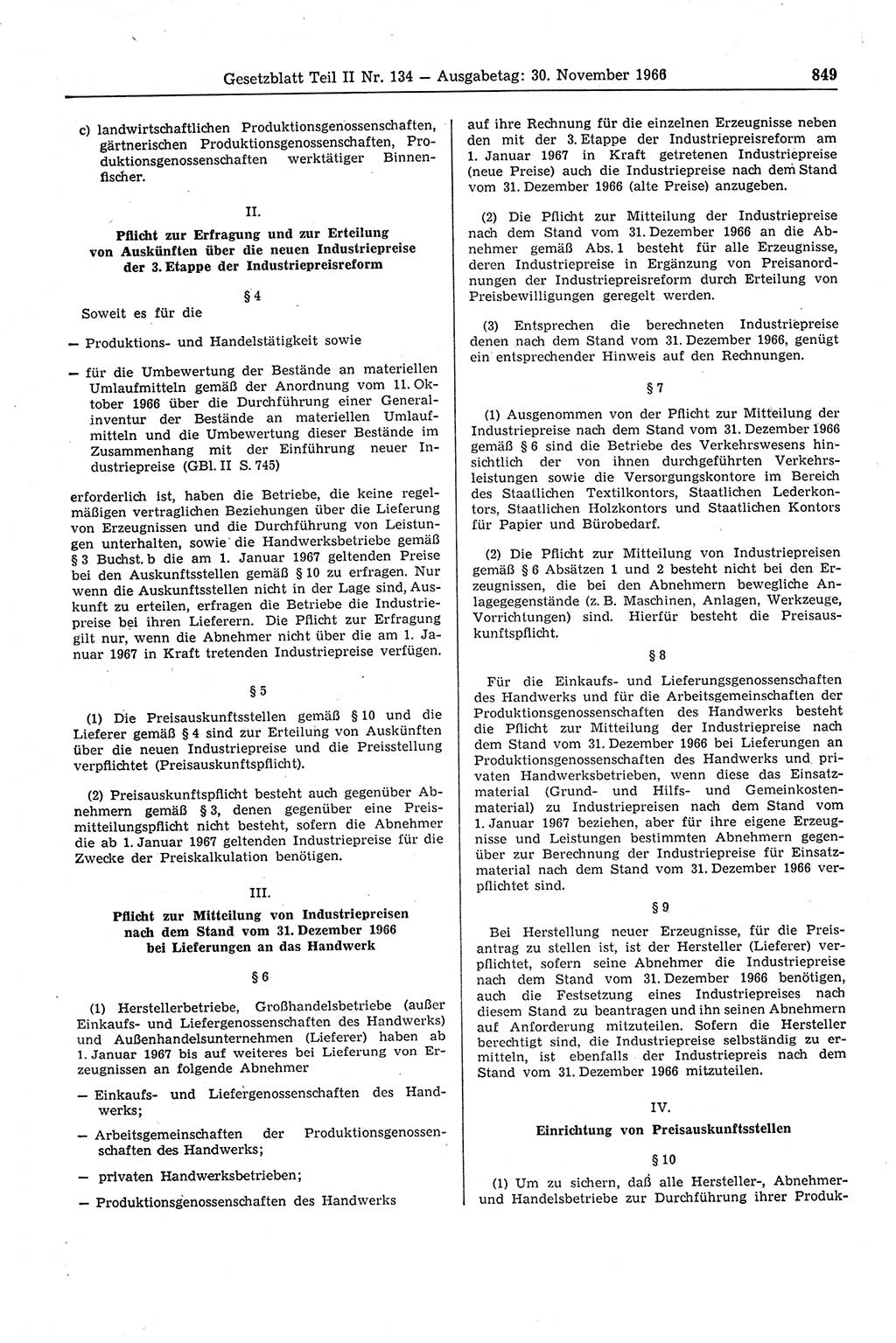 Gesetzblatt (GBl.) der Deutschen Demokratischen Republik (DDR) Teil ⅠⅠ 1966, Seite 849 (GBl. DDR ⅠⅠ 1966, S. 849)