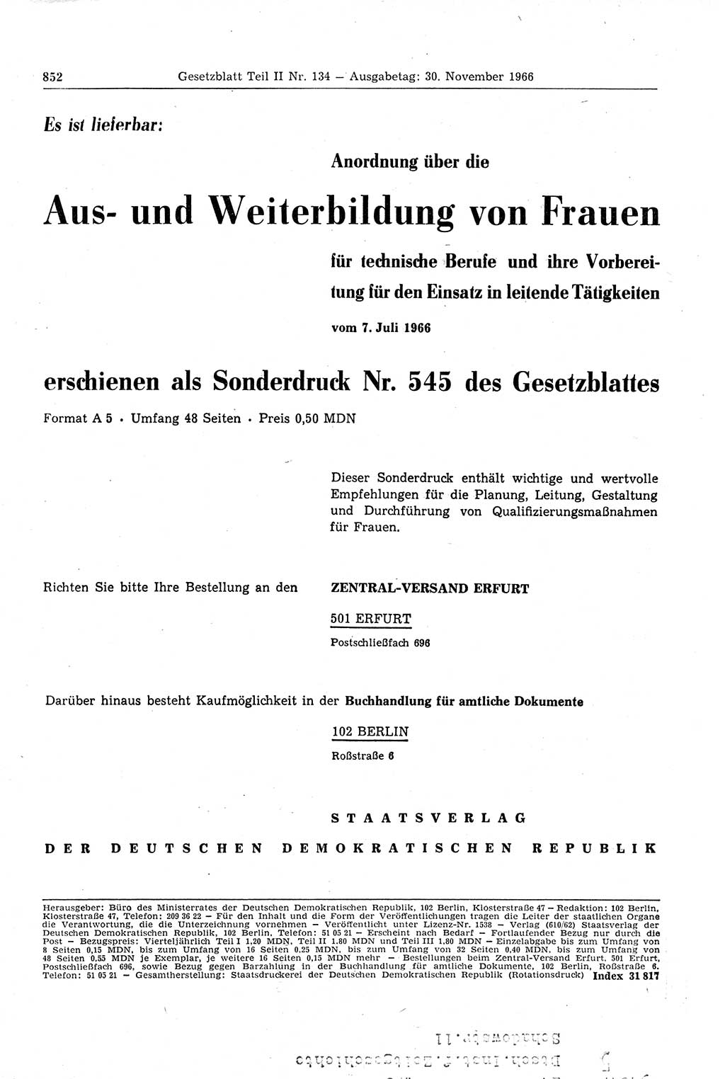Gesetzblatt (GBl.) der Deutschen Demokratischen Republik (DDR) Teil ⅠⅠ 1966, Seite 852 (GBl. DDR ⅠⅠ 1966, S. 852)