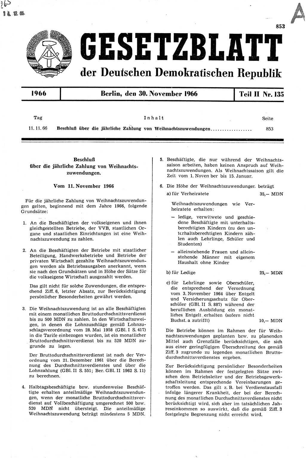 Gesetzblatt (GBl.) der Deutschen Demokratischen Republik (DDR) Teil ⅠⅠ 1966, Seite 853 (GBl. DDR ⅠⅠ 1966, S. 853)