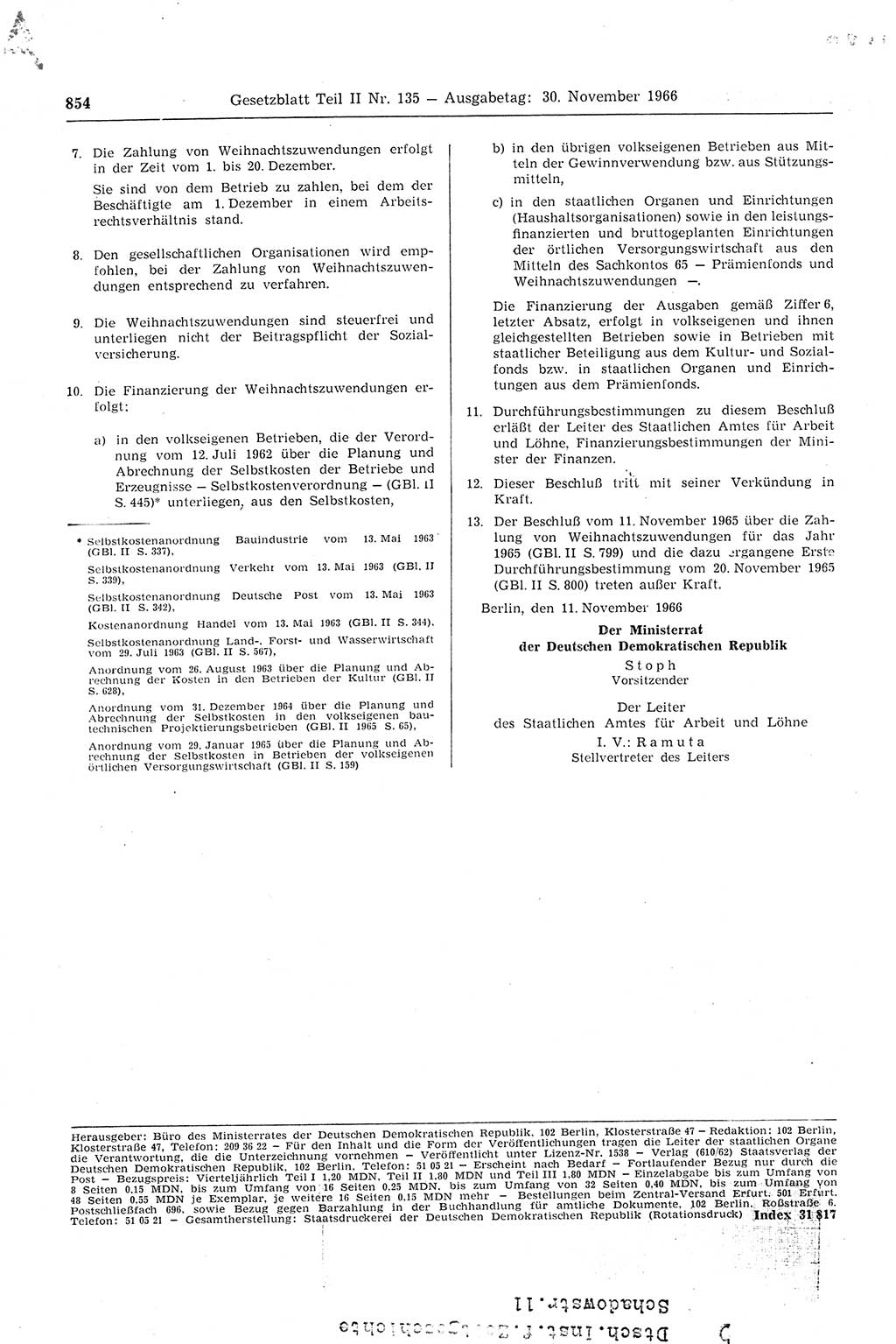 Gesetzblatt (GBl.) der Deutschen Demokratischen Republik (DDR) Teil ⅠⅠ 1966, Seite 854 (GBl. DDR ⅠⅠ 1966, S. 854)