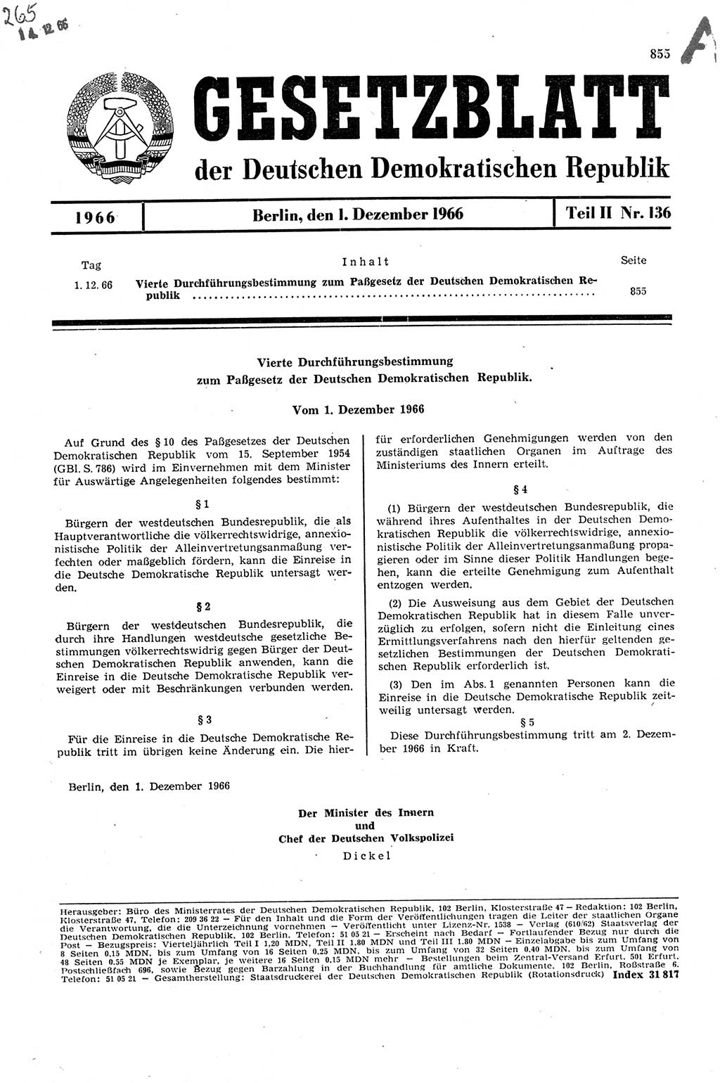 Gesetzblatt (GBl.) der Deutschen Demokratischen Republik (DDR) Teil ⅠⅠ 1966, Seite 855 (GBl. DDR ⅠⅠ 1966, S. 855)