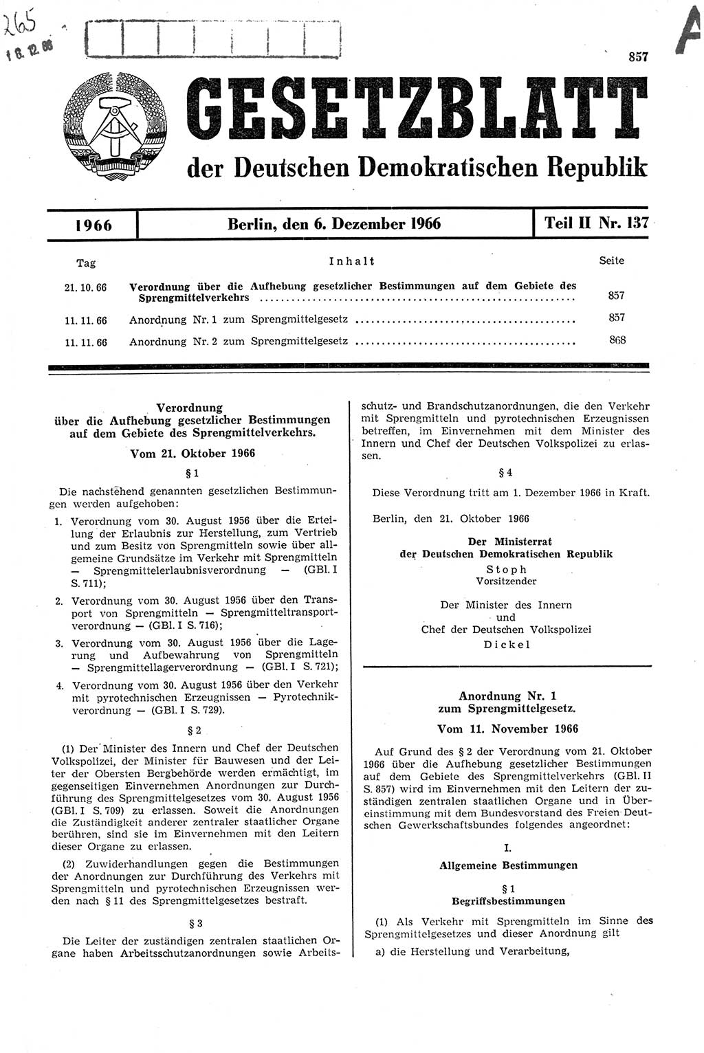 Gesetzblatt (GBl.) der Deutschen Demokratischen Republik (DDR) Teil ⅠⅠ 1966, Seite 857 (GBl. DDR ⅠⅠ 1966, S. 857)