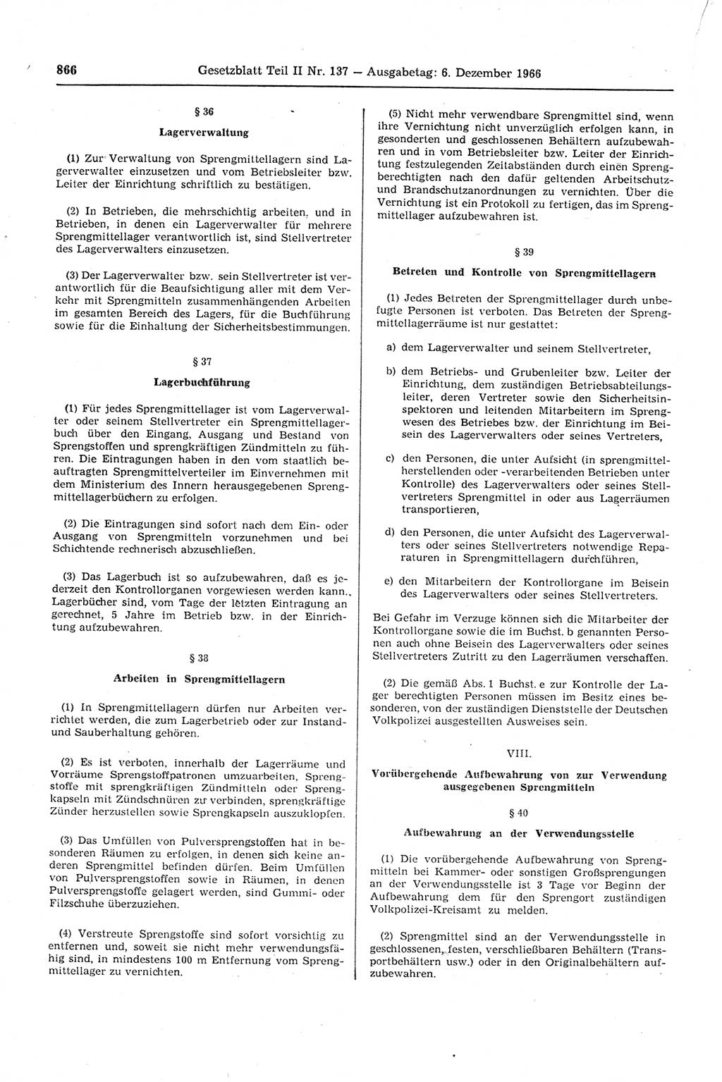 Gesetzblatt (GBl.) der Deutschen Demokratischen Republik (DDR) Teil ⅠⅠ 1966, Seite 866 (GBl. DDR ⅠⅠ 1966, S. 866)