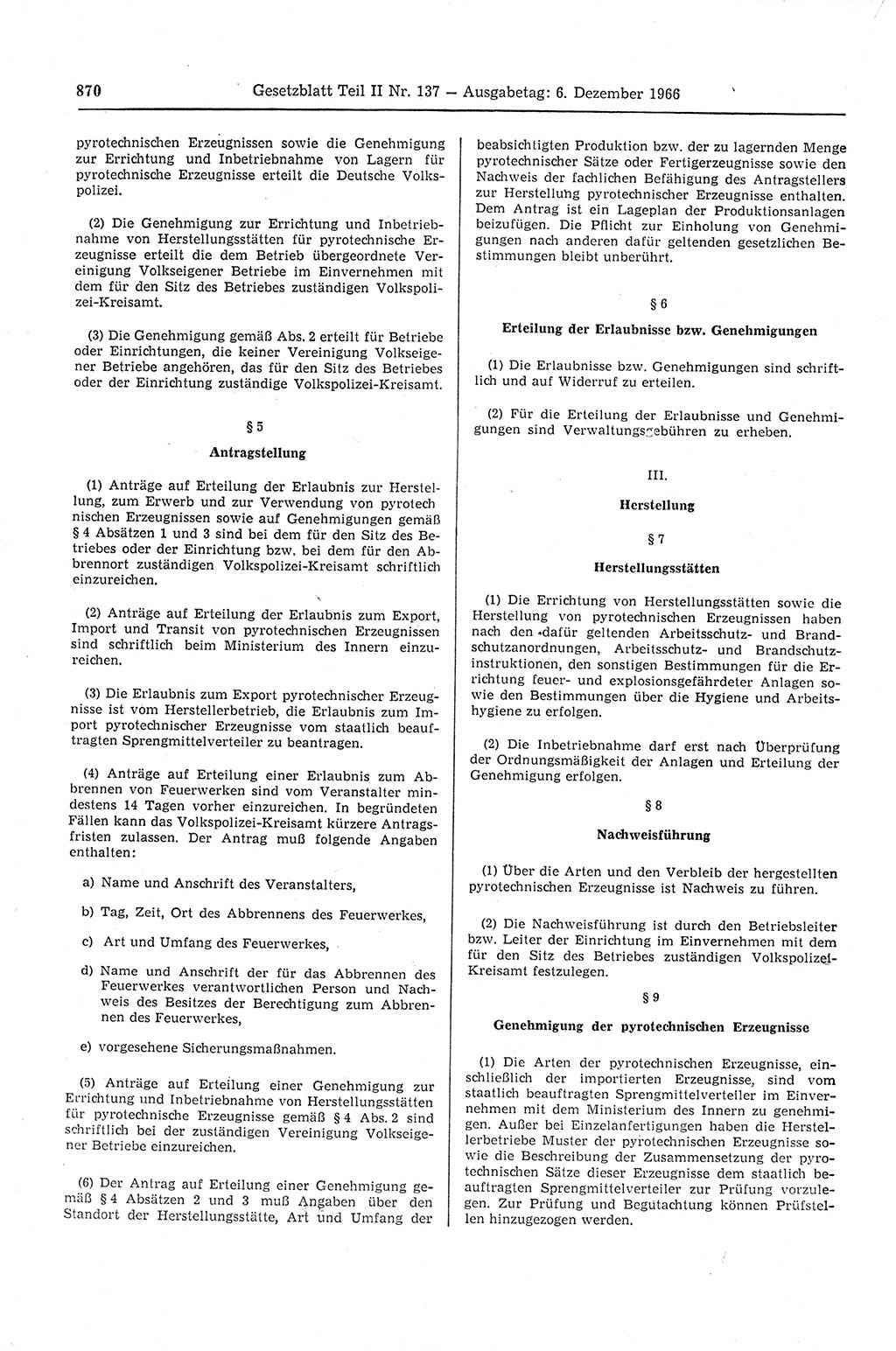 Gesetzblatt (GBl.) der Deutschen Demokratischen Republik (DDR) Teil ⅠⅠ 1966, Seite 870 (GBl. DDR ⅠⅠ 1966, S. 870)