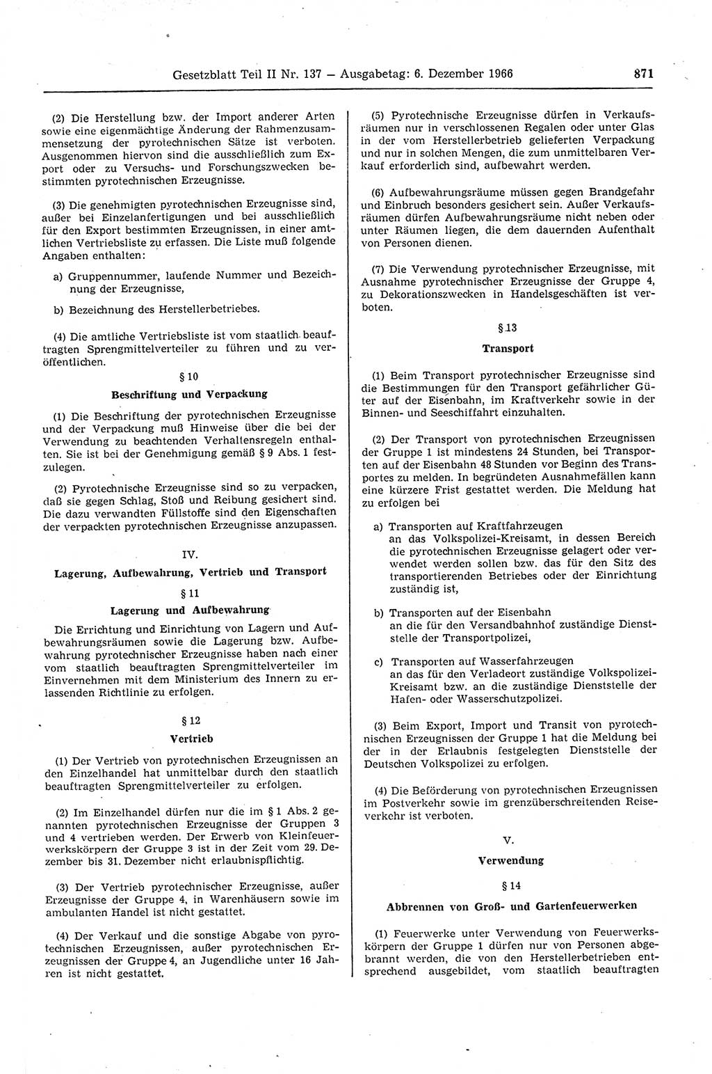 Gesetzblatt (GBl.) der Deutschen Demokratischen Republik (DDR) Teil ⅠⅠ 1966, Seite 871 (GBl. DDR ⅠⅠ 1966, S. 871)