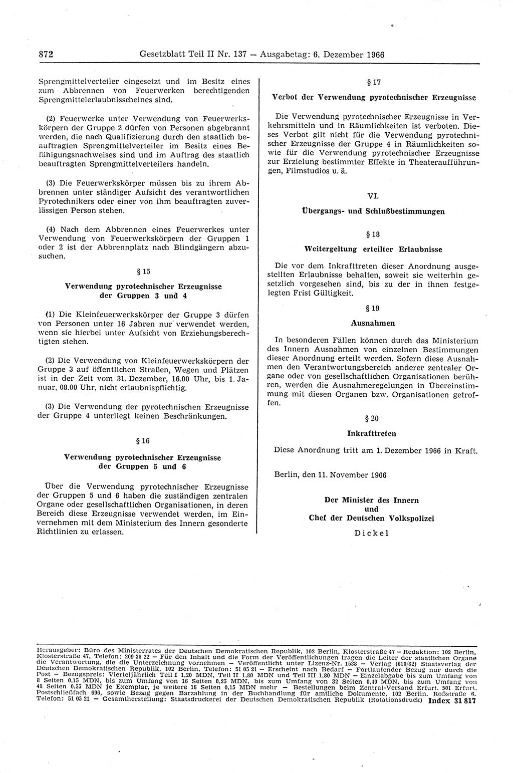 Gesetzblatt (GBl.) der Deutschen Demokratischen Republik (DDR) Teil ⅠⅠ 1966, Seite 872 (GBl. DDR ⅠⅠ 1966, S. 872)