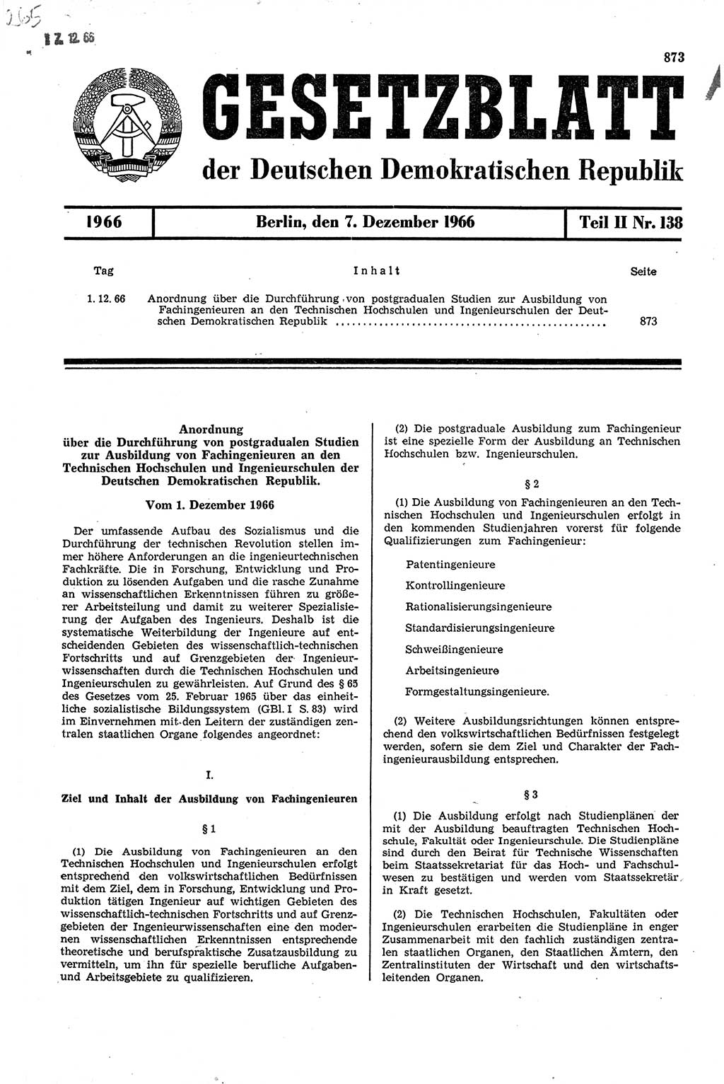 Gesetzblatt (GBl.) der Deutschen Demokratischen Republik (DDR) Teil ⅠⅠ 1966, Seite 873 (GBl. DDR ⅠⅠ 1966, S. 873)
