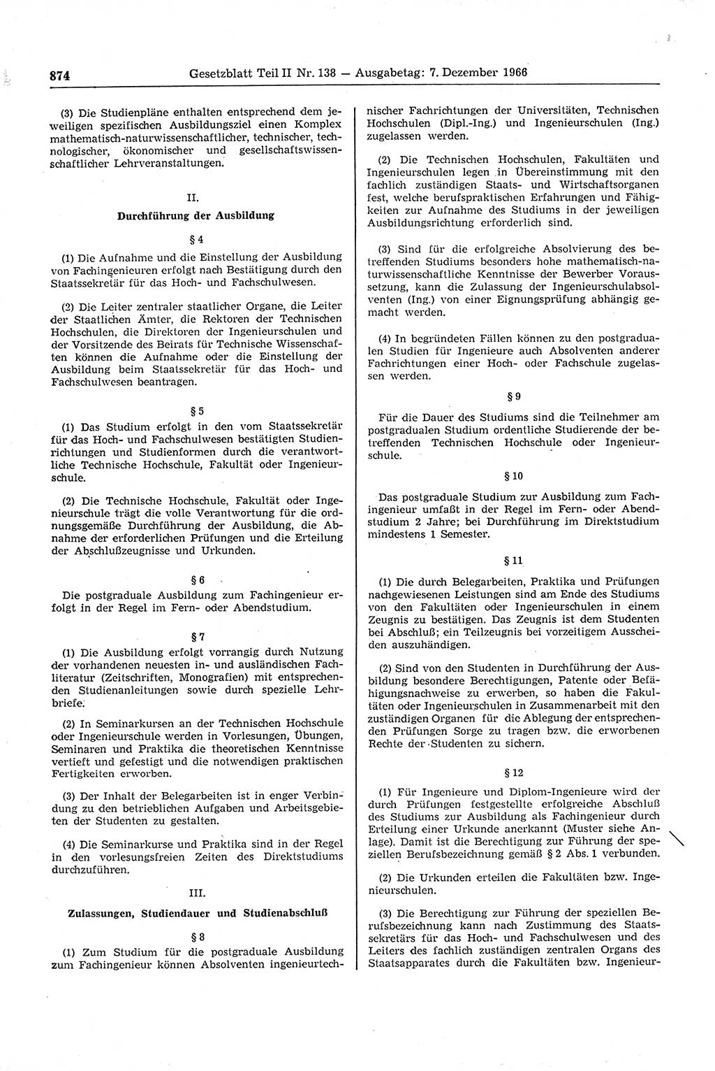 Gesetzblatt (GBl.) der Deutschen Demokratischen Republik (DDR) Teil ⅠⅠ 1966, Seite 874 (GBl. DDR ⅠⅠ 1966, S. 874)