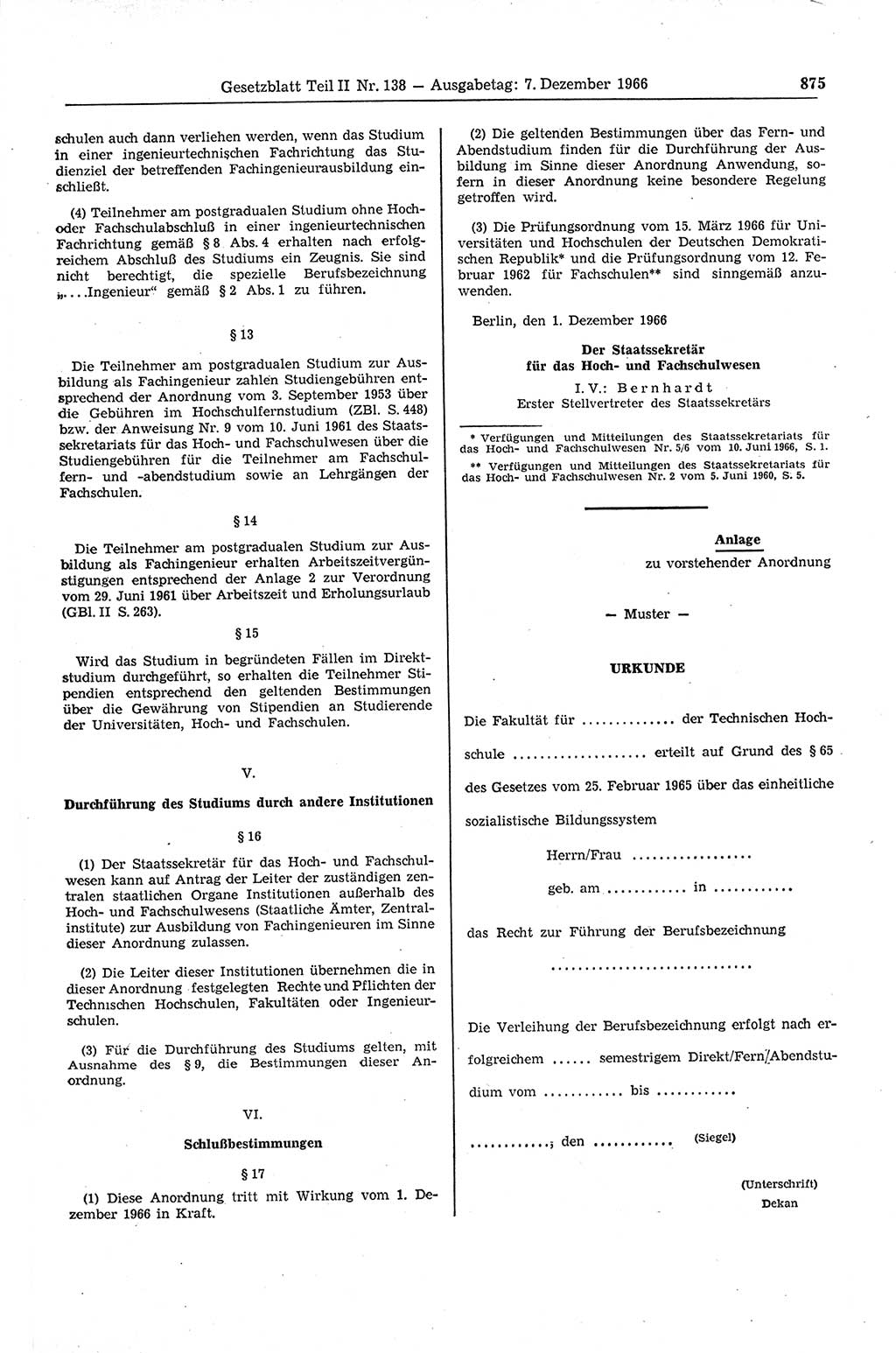 Gesetzblatt (GBl.) der Deutschen Demokratischen Republik (DDR) Teil ⅠⅠ 1966, Seite 875 (GBl. DDR ⅠⅠ 1966, S. 875)