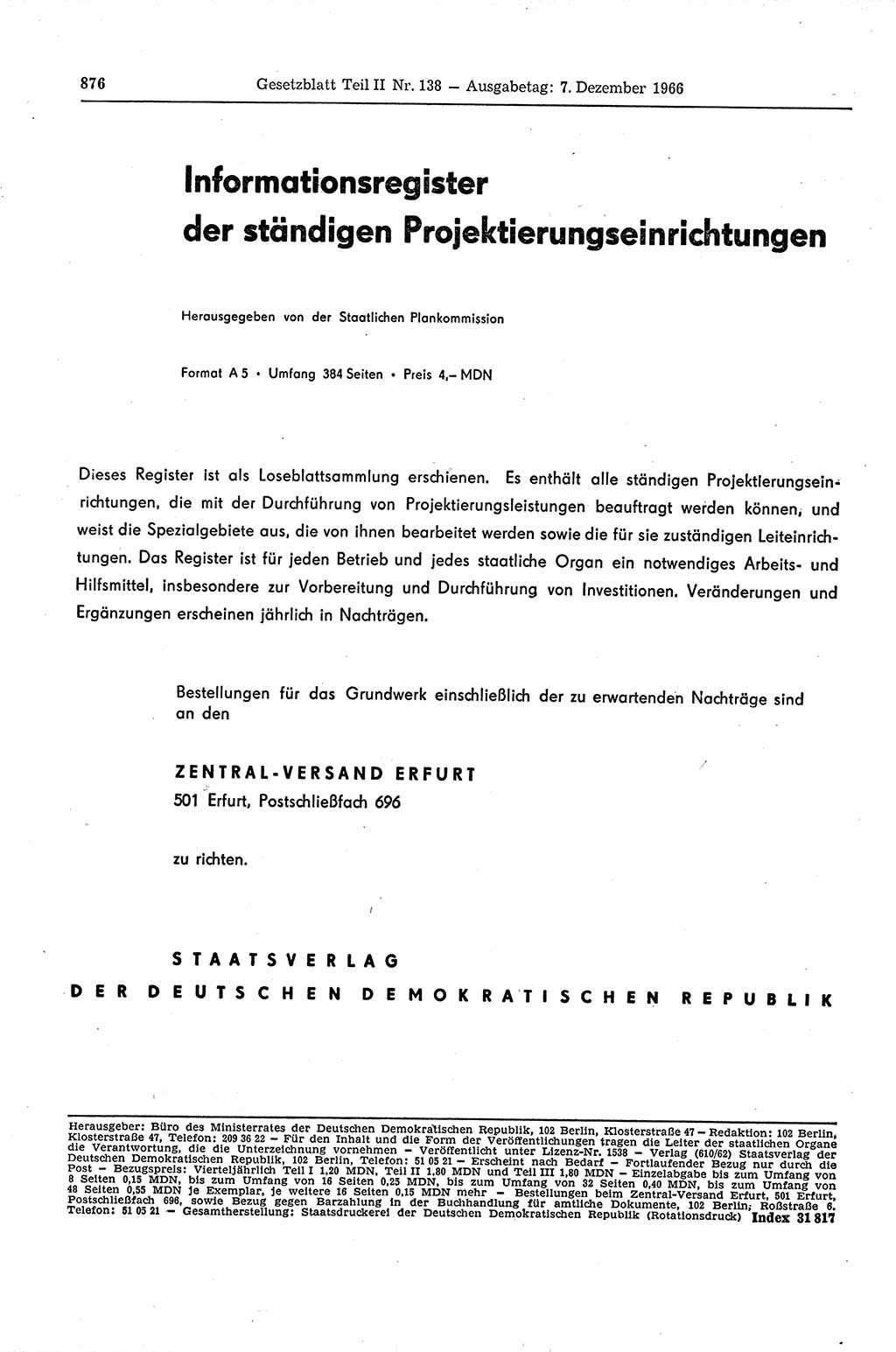 Gesetzblatt (GBl.) der Deutschen Demokratischen Republik (DDR) Teil ⅠⅠ 1966, Seite 876 (GBl. DDR ⅠⅠ 1966, S. 876)