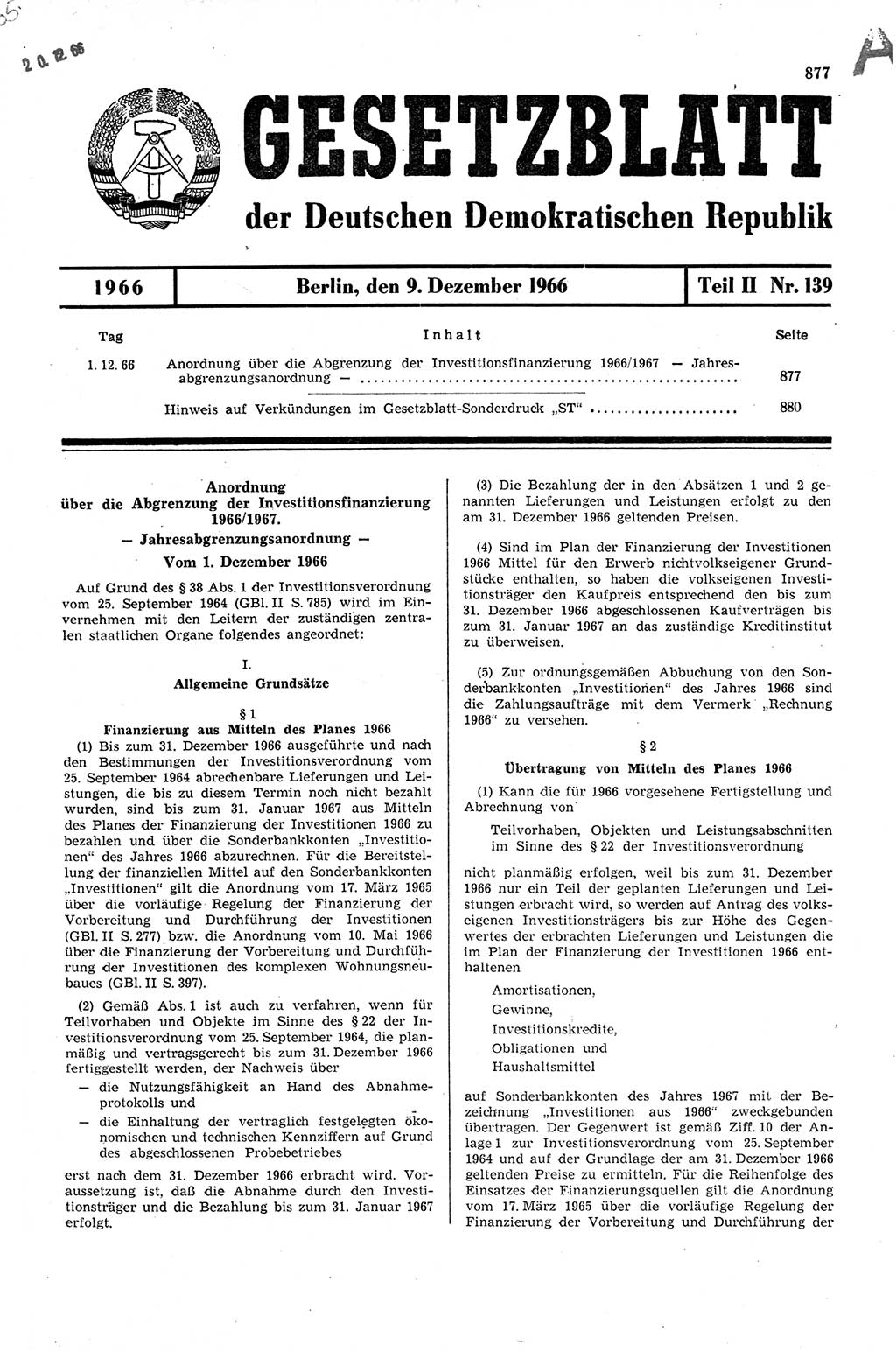 Gesetzblatt (GBl.) der Deutschen Demokratischen Republik (DDR) Teil ⅠⅠ 1966, Seite 877 (GBl. DDR ⅠⅠ 1966, S. 877)