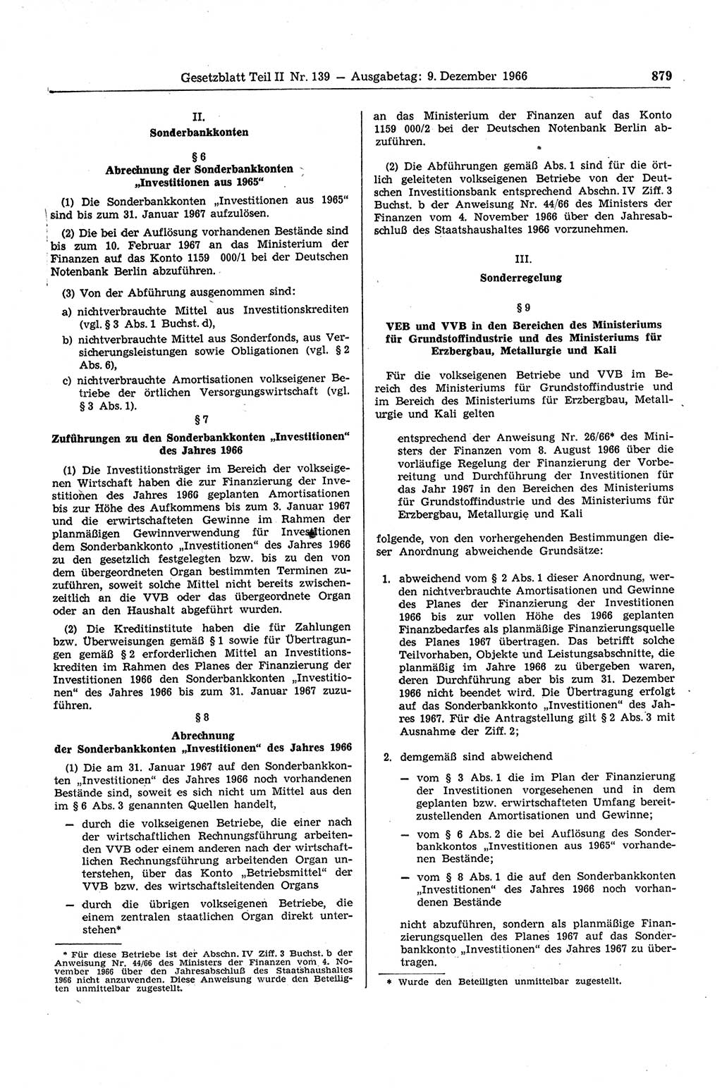 Gesetzblatt (GBl.) der Deutschen Demokratischen Republik (DDR) Teil ⅠⅠ 1966, Seite 879 (GBl. DDR ⅠⅠ 1966, S. 879)
