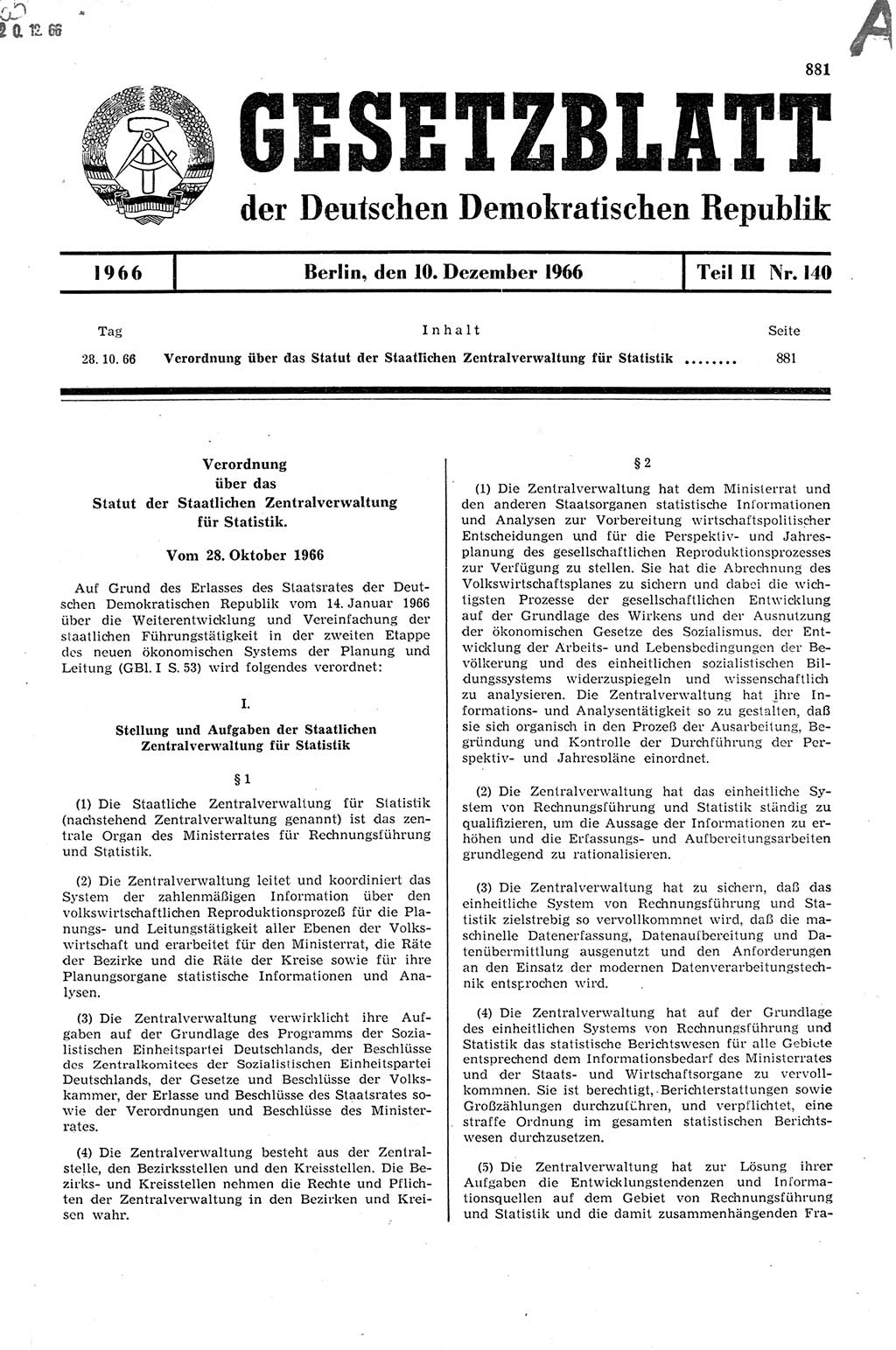 Gesetzblatt (GBl.) der Deutschen Demokratischen Republik (DDR) Teil ⅠⅠ 1966, Seite 881 (GBl. DDR ⅠⅠ 1966, S. 881)