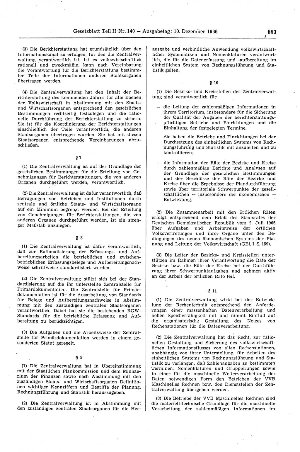 Gesetzblatt (GBl.) der Deutschen Demokratischen Republik (DDR) Teil ⅠⅠ 1966, Seite 883 (GBl. DDR ⅠⅠ 1966, S. 883)