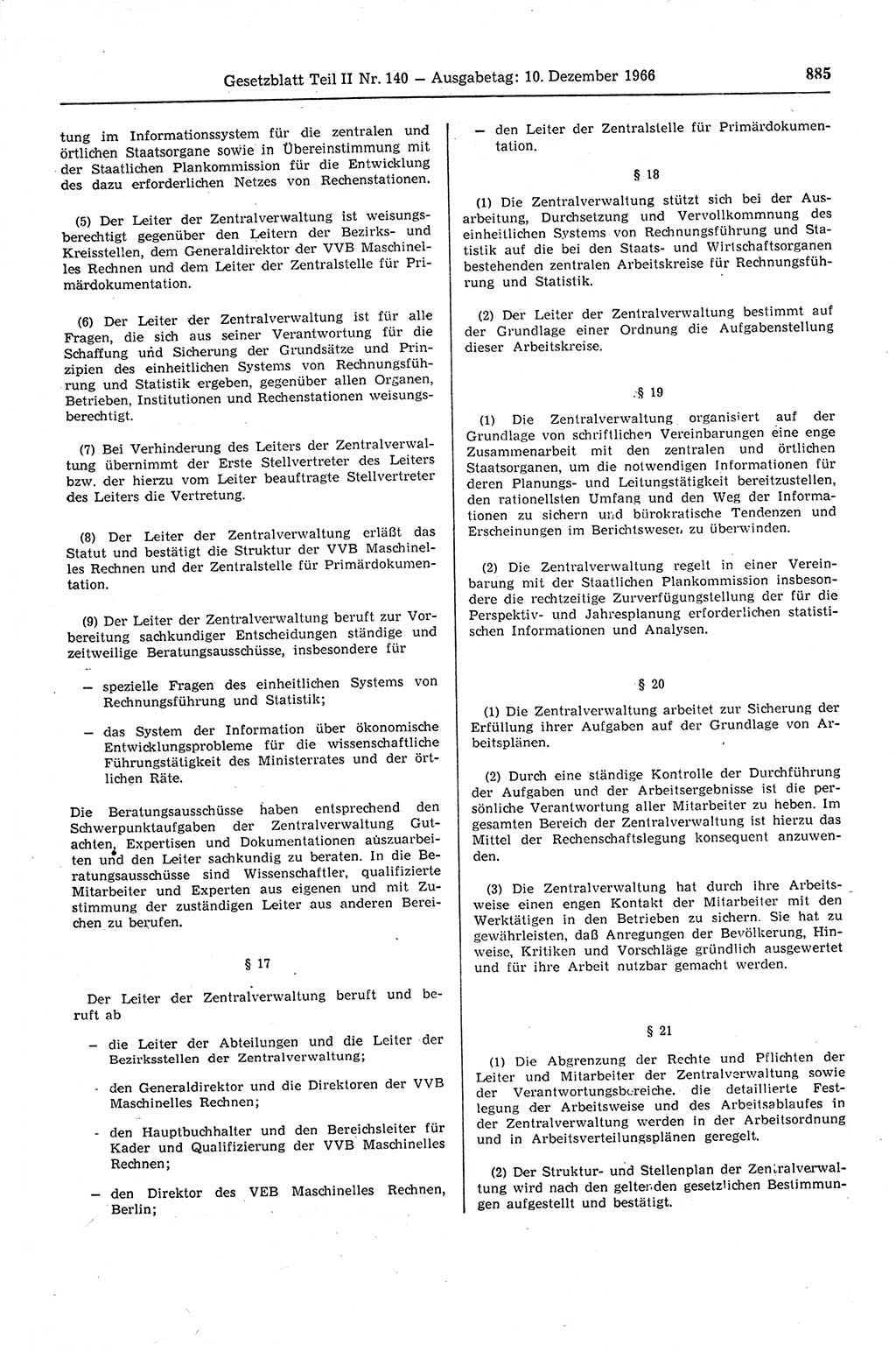Gesetzblatt (GBl.) der Deutschen Demokratischen Republik (DDR) Teil ⅠⅠ 1966, Seite 885 (GBl. DDR ⅠⅠ 1966, S. 885)
