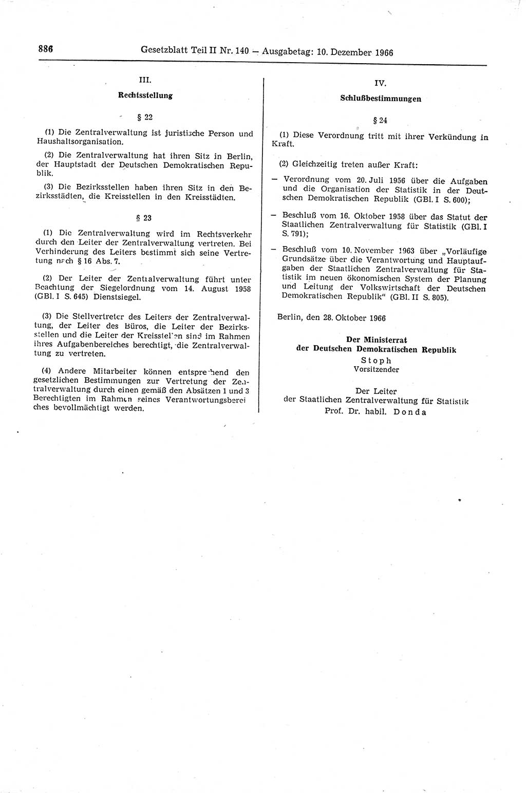 Gesetzblatt (GBl.) der Deutschen Demokratischen Republik (DDR) Teil ⅠⅠ 1966, Seite 886 (GBl. DDR ⅠⅠ 1966, S. 886)