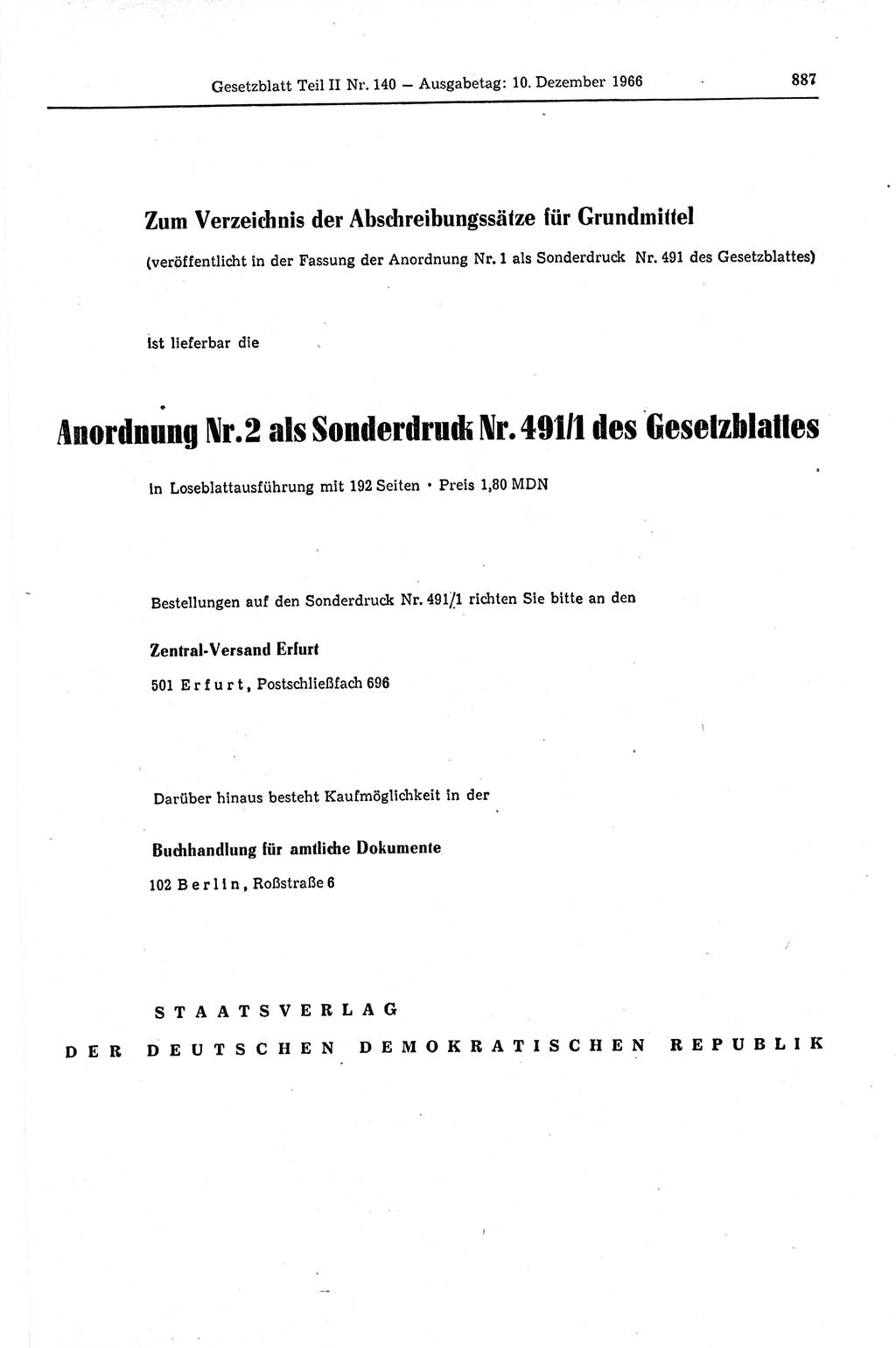 Gesetzblatt (GBl.) der Deutschen Demokratischen Republik (DDR) Teil ⅠⅠ 1966, Seite 887 (GBl. DDR ⅠⅠ 1966, S. 887)