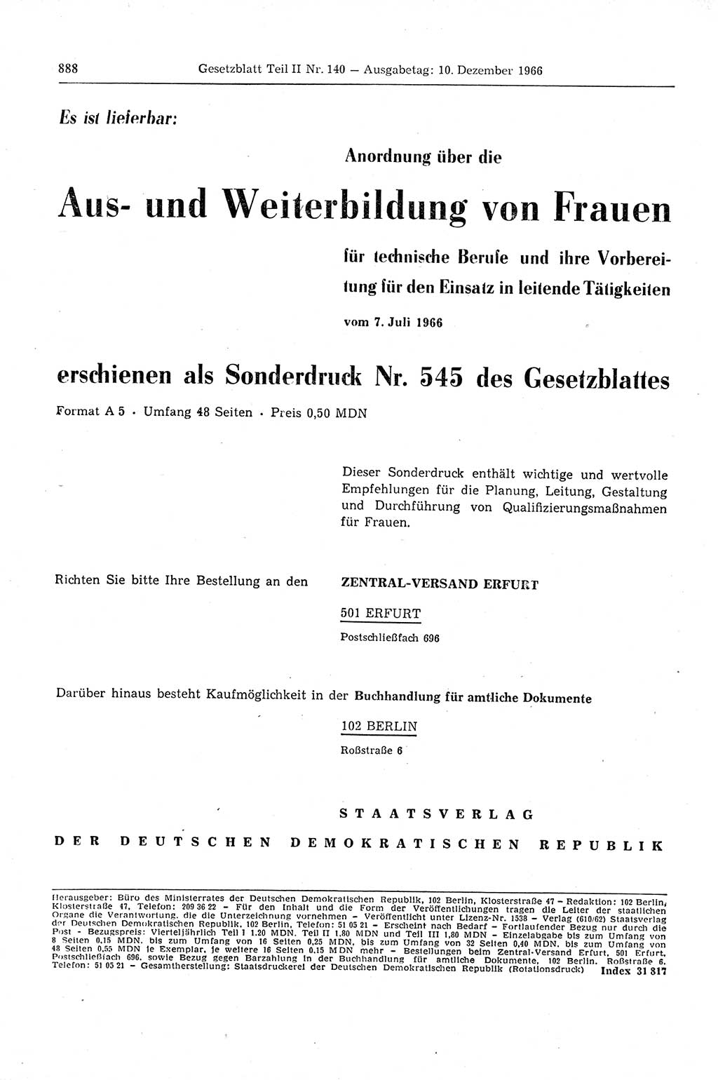 Gesetzblatt (GBl.) der Deutschen Demokratischen Republik (DDR) Teil ⅠⅠ 1966, Seite 888 (GBl. DDR ⅠⅠ 1966, S. 888)