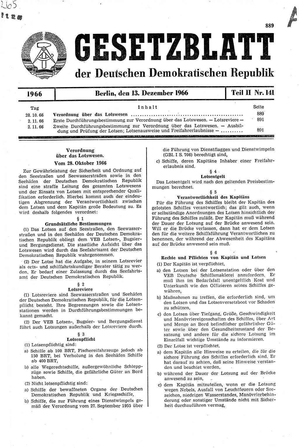 Gesetzblatt (GBl.) der Deutschen Demokratischen Republik (DDR) Teil ⅠⅠ 1966, Seite 889 (GBl. DDR ⅠⅠ 1966, S. 889)