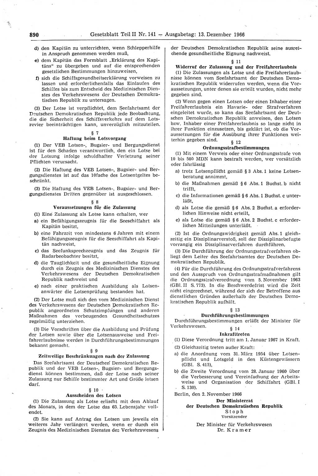 Gesetzblatt (GBl.) der Deutschen Demokratischen Republik (DDR) Teil ⅠⅠ 1966, Seite 890 (GBl. DDR ⅠⅠ 1966, S. 890)