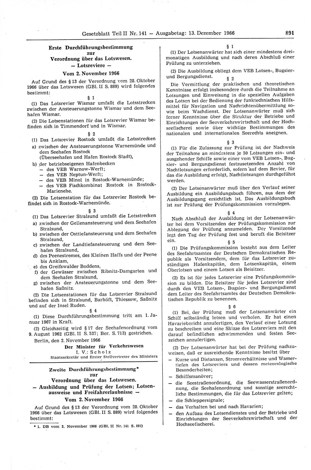 Gesetzblatt (GBl.) der Deutschen Demokratischen Republik (DDR) Teil ⅠⅠ 1966, Seite 891 (GBl. DDR ⅠⅠ 1966, S. 891)