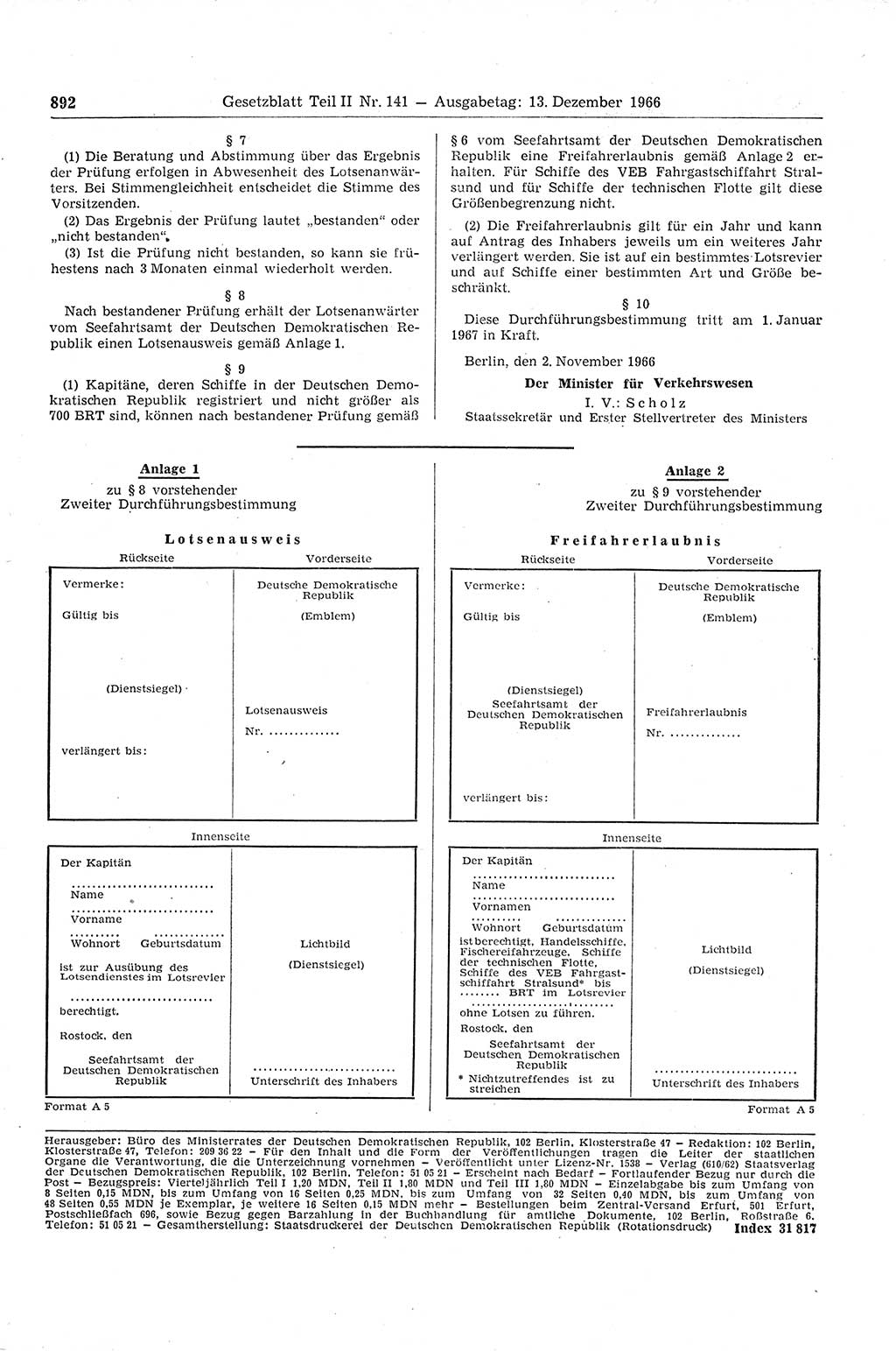 Gesetzblatt (GBl.) der Deutschen Demokratischen Republik (DDR) Teil ⅠⅠ 1966, Seite 892 (GBl. DDR ⅠⅠ 1966, S. 892)