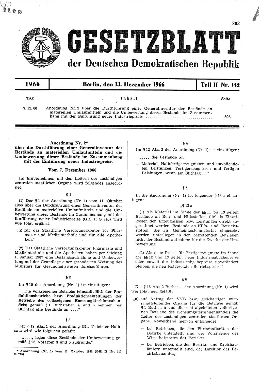 Gesetzblatt (GBl.) der Deutschen Demokratischen Republik (DDR) Teil ⅠⅠ 1966, Seite 893 (GBl. DDR ⅠⅠ 1966, S. 893)
