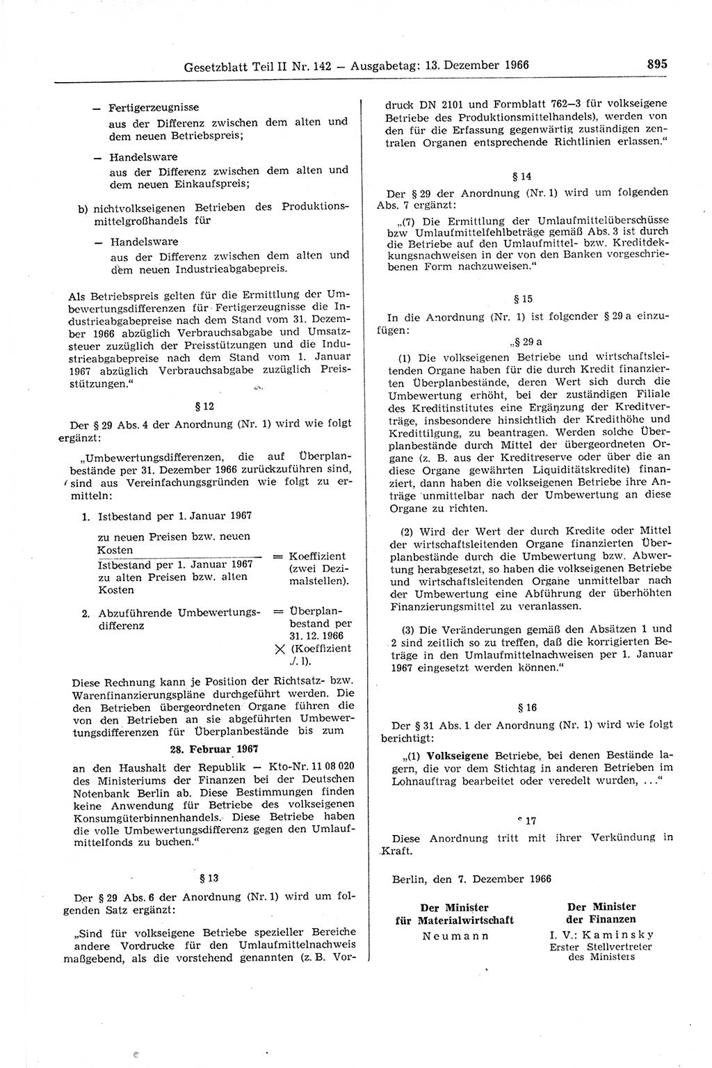 Gesetzblatt (GBl.) der Deutschen Demokratischen Republik (DDR) Teil ⅠⅠ 1966, Seite 895 (GBl. DDR ⅠⅠ 1966, S. 895)