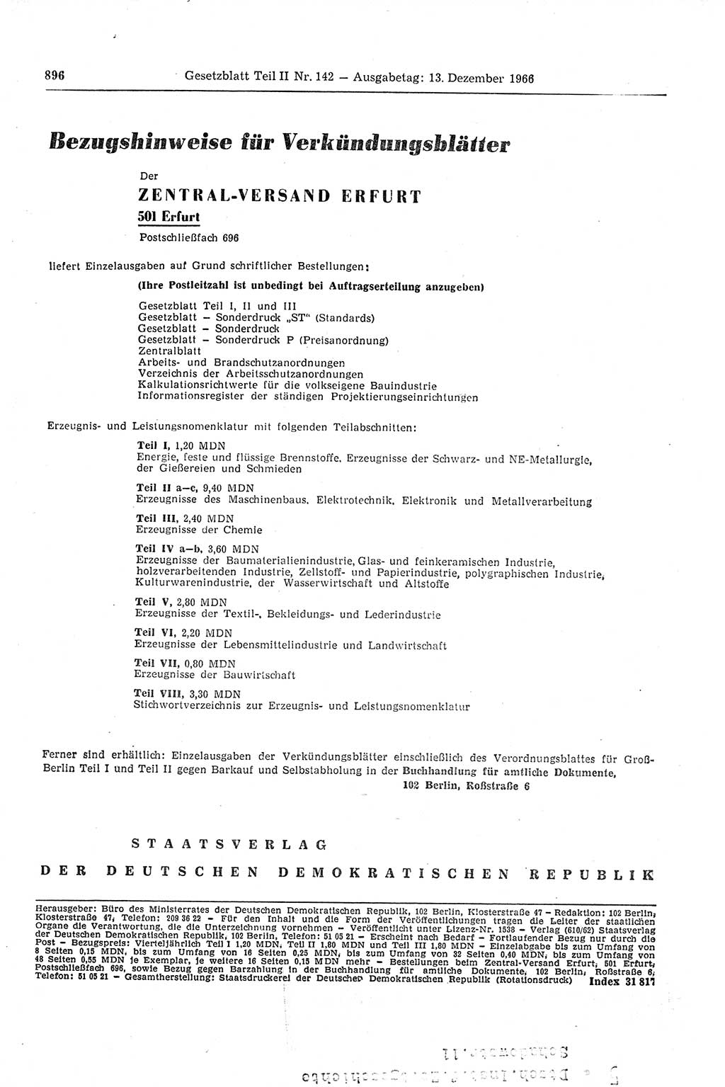 Gesetzblatt (GBl.) der Deutschen Demokratischen Republik (DDR) Teil ⅠⅠ 1966, Seite 896 (GBl. DDR ⅠⅠ 1966, S. 896)