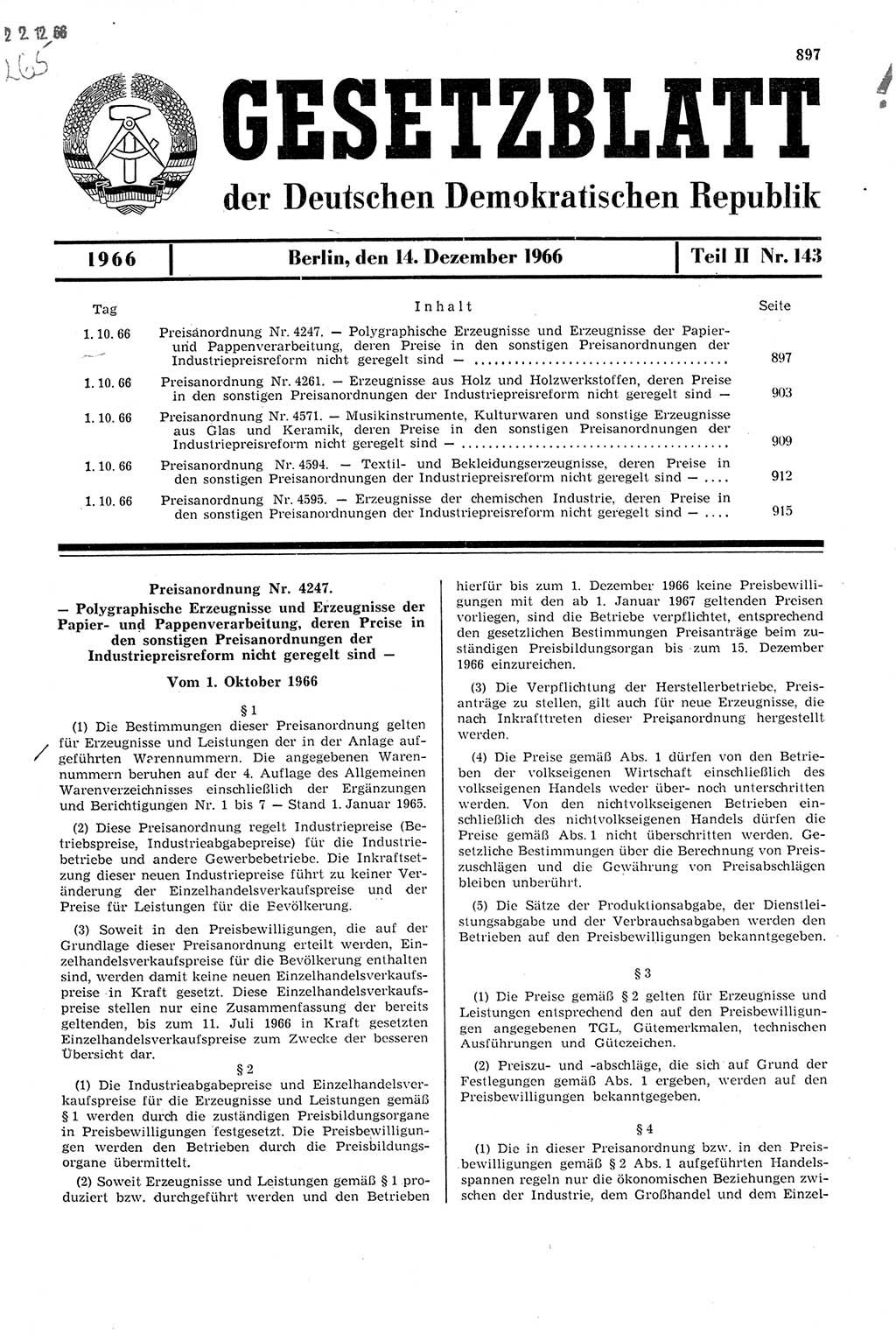 Gesetzblatt (GBl.) der Deutschen Demokratischen Republik (DDR) Teil ⅠⅠ 1966, Seite 897 (GBl. DDR ⅠⅠ 1966, S. 897)