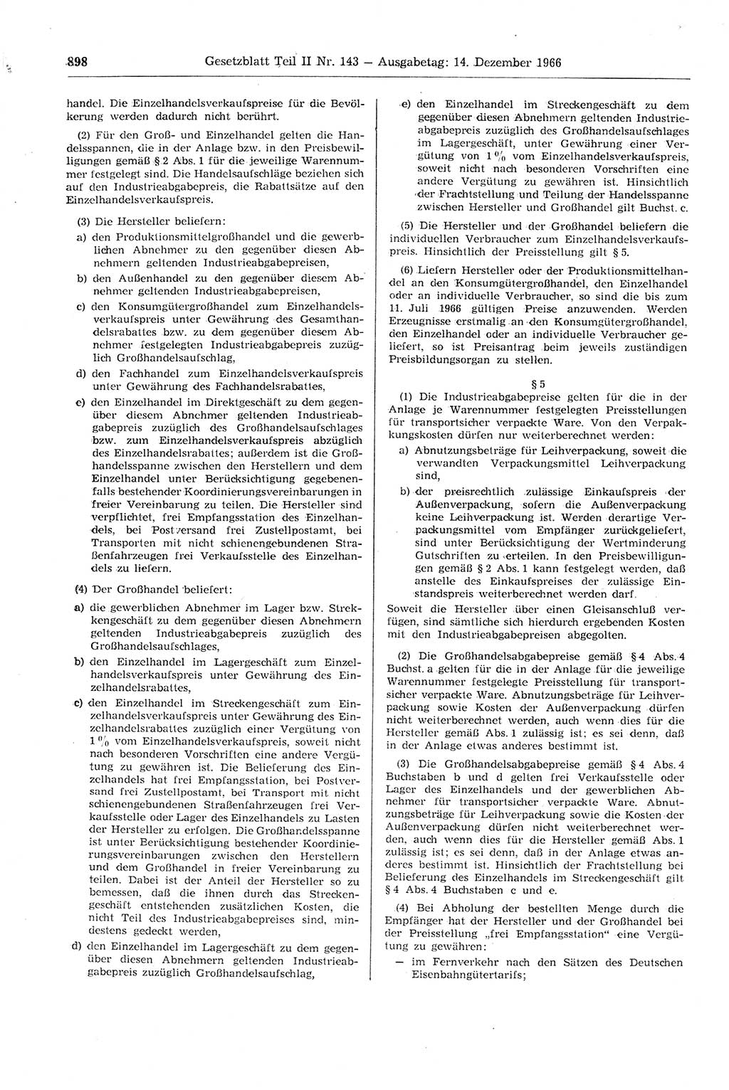 Gesetzblatt (GBl.) der Deutschen Demokratischen Republik (DDR) Teil ⅠⅠ 1966, Seite 898 (GBl. DDR ⅠⅠ 1966, S. 898)