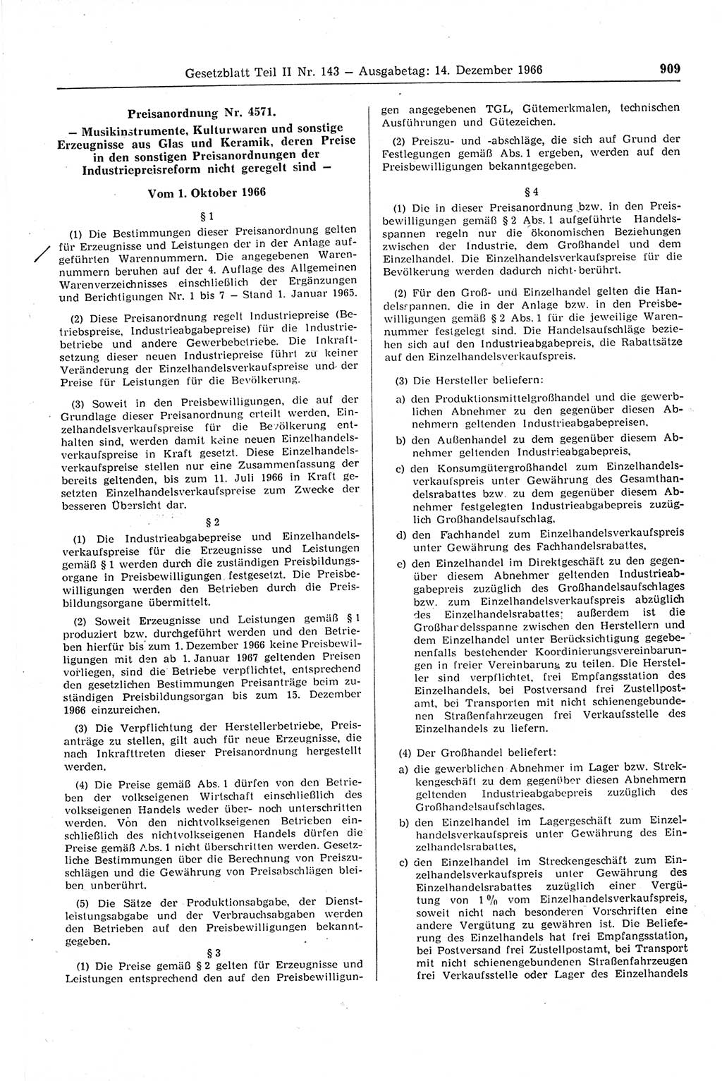 Gesetzblatt (GBl.) der Deutschen Demokratischen Republik (DDR) Teil ⅠⅠ 1966, Seite 909 (GBl. DDR ⅠⅠ 1966, S. 909)