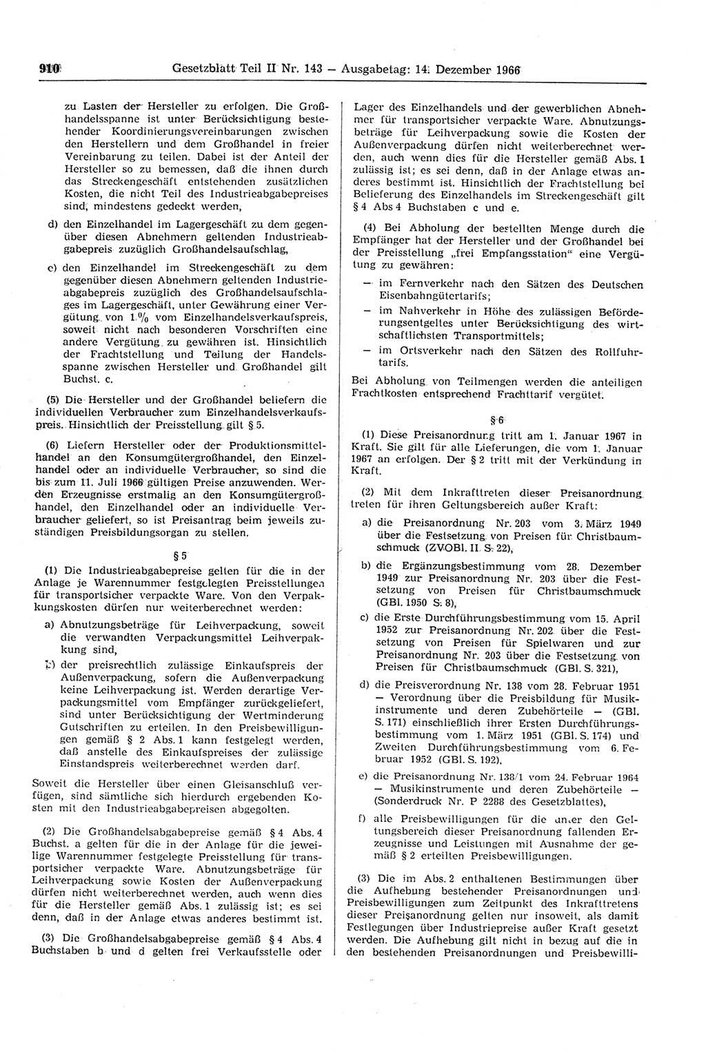 Gesetzblatt (GBl.) der Deutschen Demokratischen Republik (DDR) Teil ⅠⅠ 1966, Seite 910 (GBl. DDR ⅠⅠ 1966, S. 910)