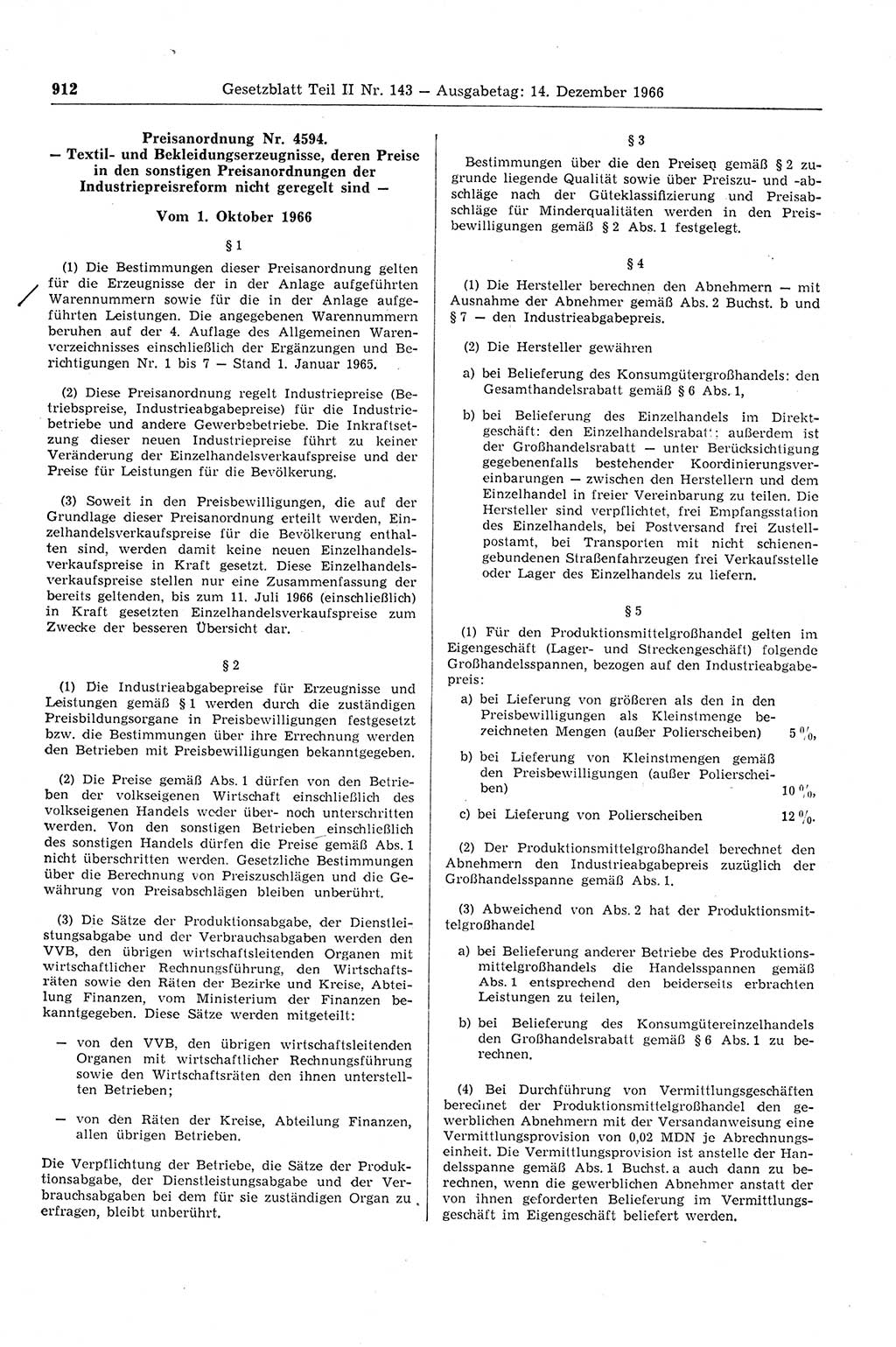Gesetzblatt (GBl.) der Deutschen Demokratischen Republik (DDR) Teil ⅠⅠ 1966, Seite 912 (GBl. DDR ⅠⅠ 1966, S. 912)