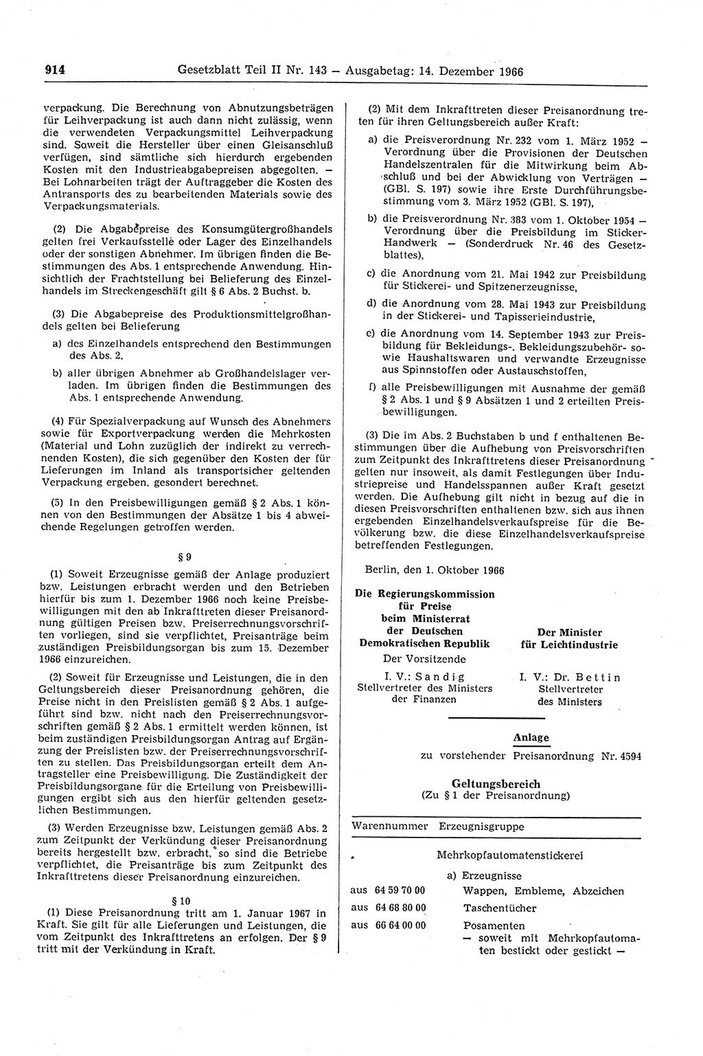 Gesetzblatt (GBl.) der Deutschen Demokratischen Republik (DDR) Teil ⅠⅠ 1966, Seite 914 (GBl. DDR ⅠⅠ 1966, S. 914)