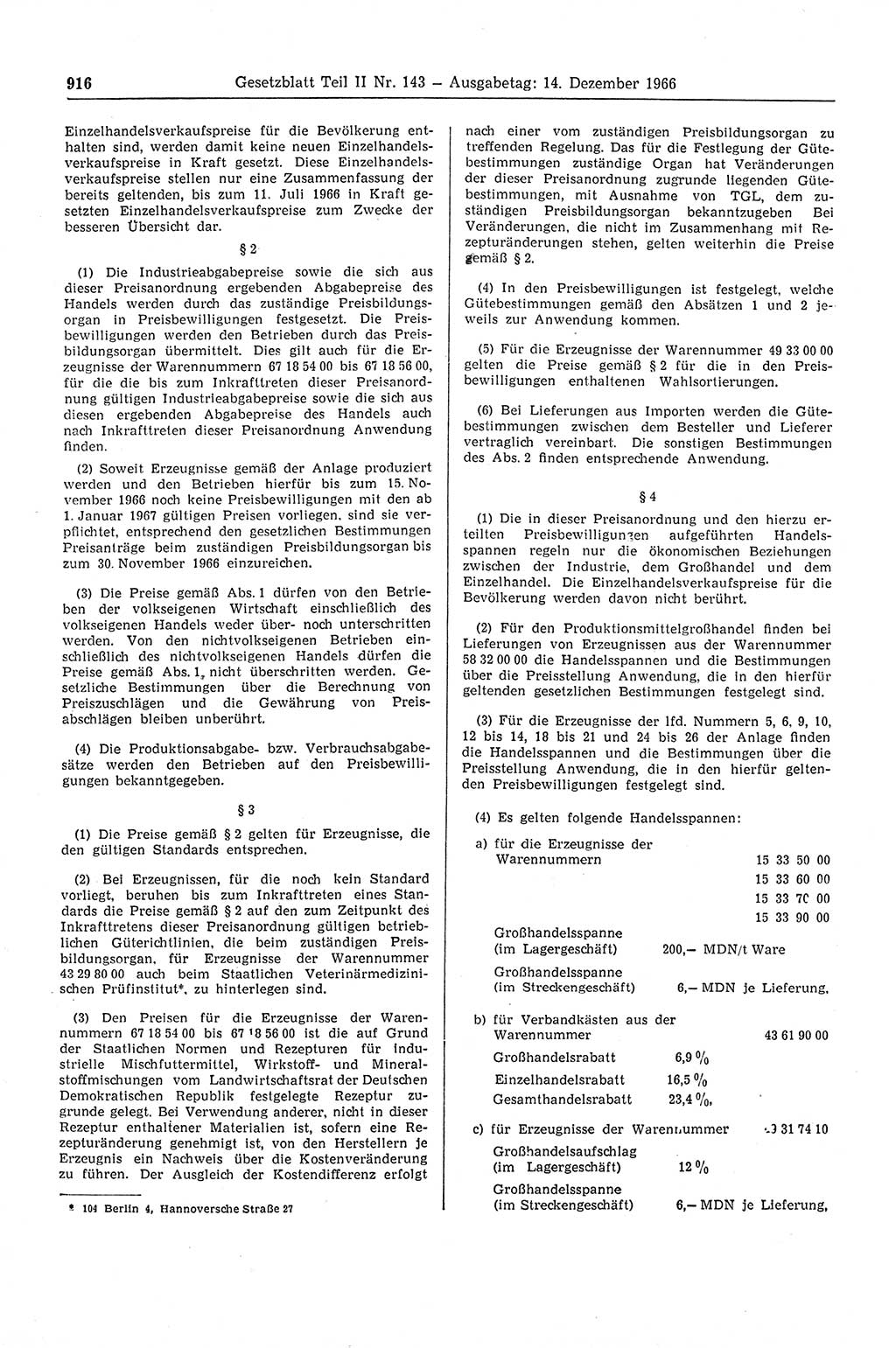 Gesetzblatt (GBl.) der Deutschen Demokratischen Republik (DDR) Teil ⅠⅠ 1966, Seite 916 (GBl. DDR ⅠⅠ 1966, S. 916)
