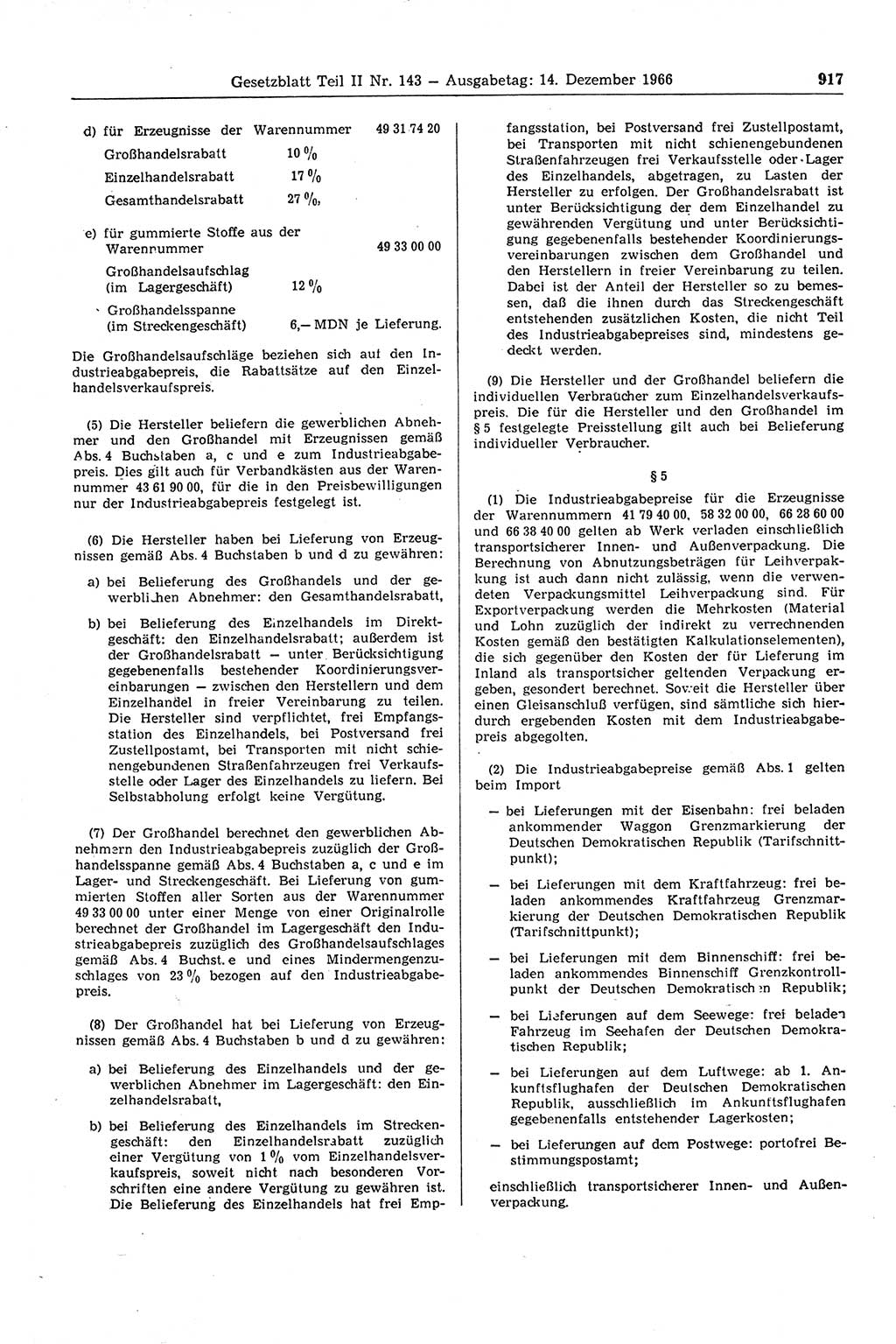 Gesetzblatt (GBl.) der Deutschen Demokratischen Republik (DDR) Teil ⅠⅠ 1966, Seite 917 (GBl. DDR ⅠⅠ 1966, S. 917)