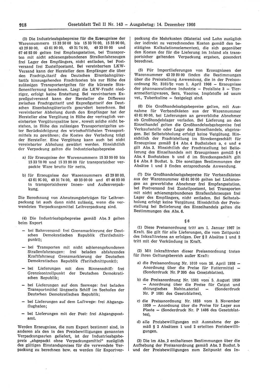 Gesetzblatt (GBl.) der Deutschen Demokratischen Republik (DDR) Teil ⅠⅠ 1966, Seite 918 (GBl. DDR ⅠⅠ 1966, S. 918)