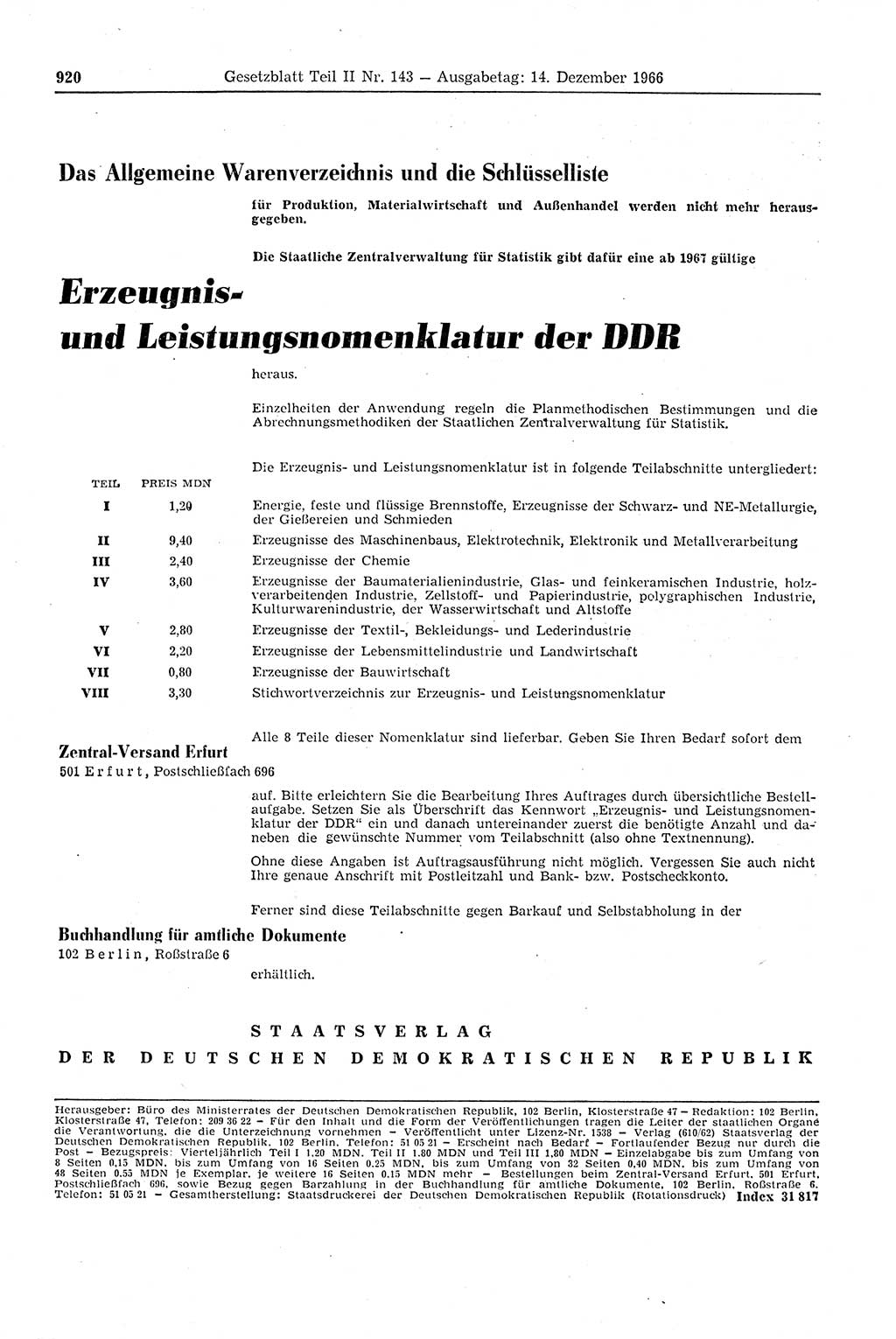 Gesetzblatt (GBl.) der Deutschen Demokratischen Republik (DDR) Teil ⅠⅠ 1966, Seite 920 (GBl. DDR ⅠⅠ 1966, S. 920)